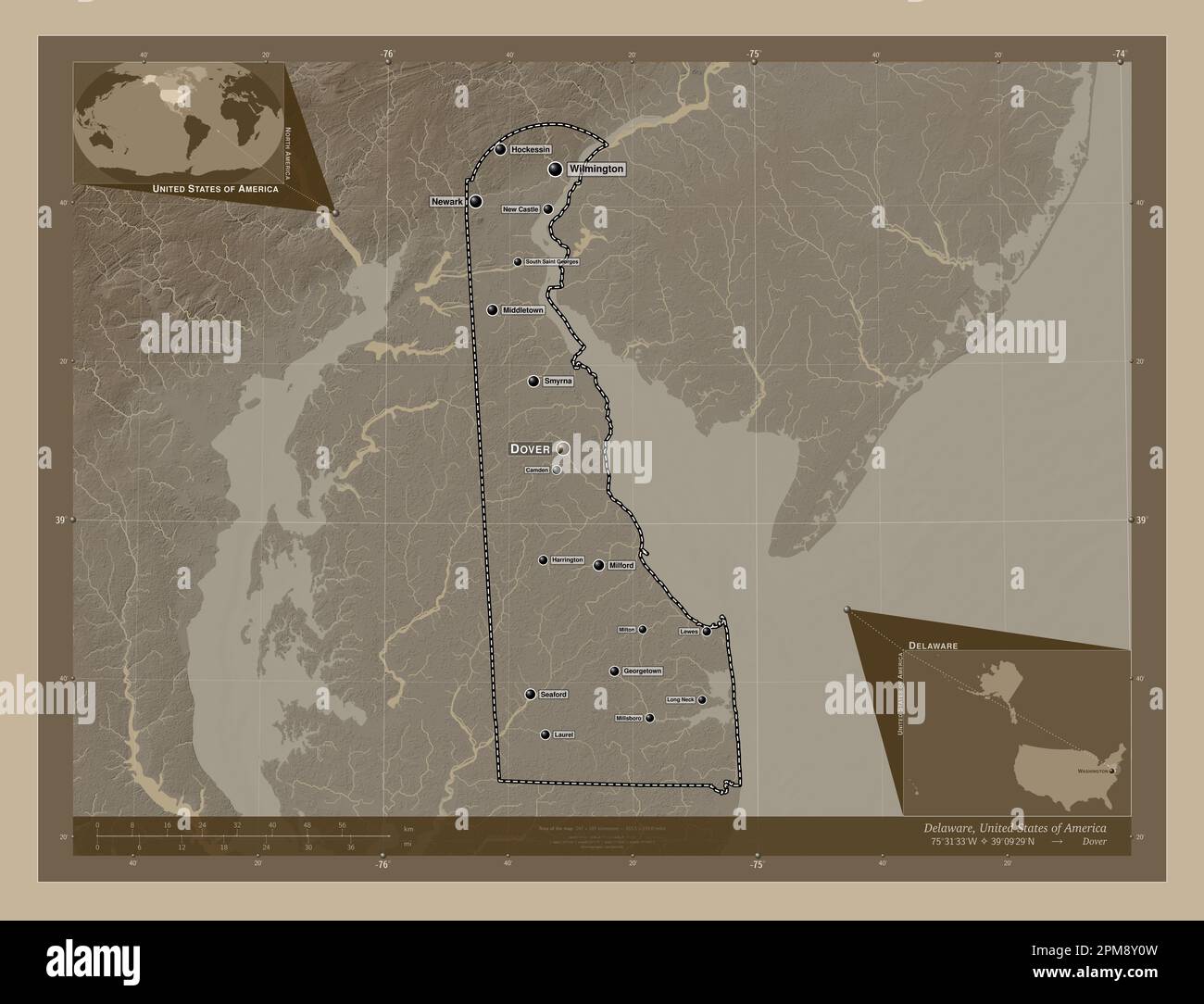 Delaware, state of United States of America. Elevation map colored in