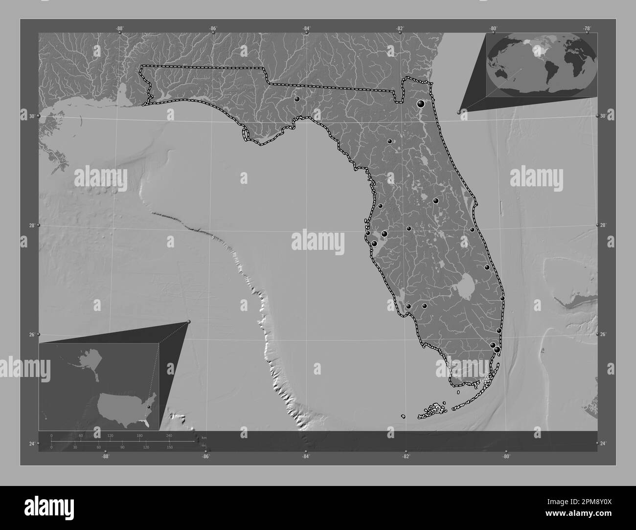 Florida state of United States - Florida State Of United States Of America Bilevel Elevation Map With Lakes And Rivers Locations Of Major Cities Of The Region Corner Auxiliary Loc 2PM8Y0X 