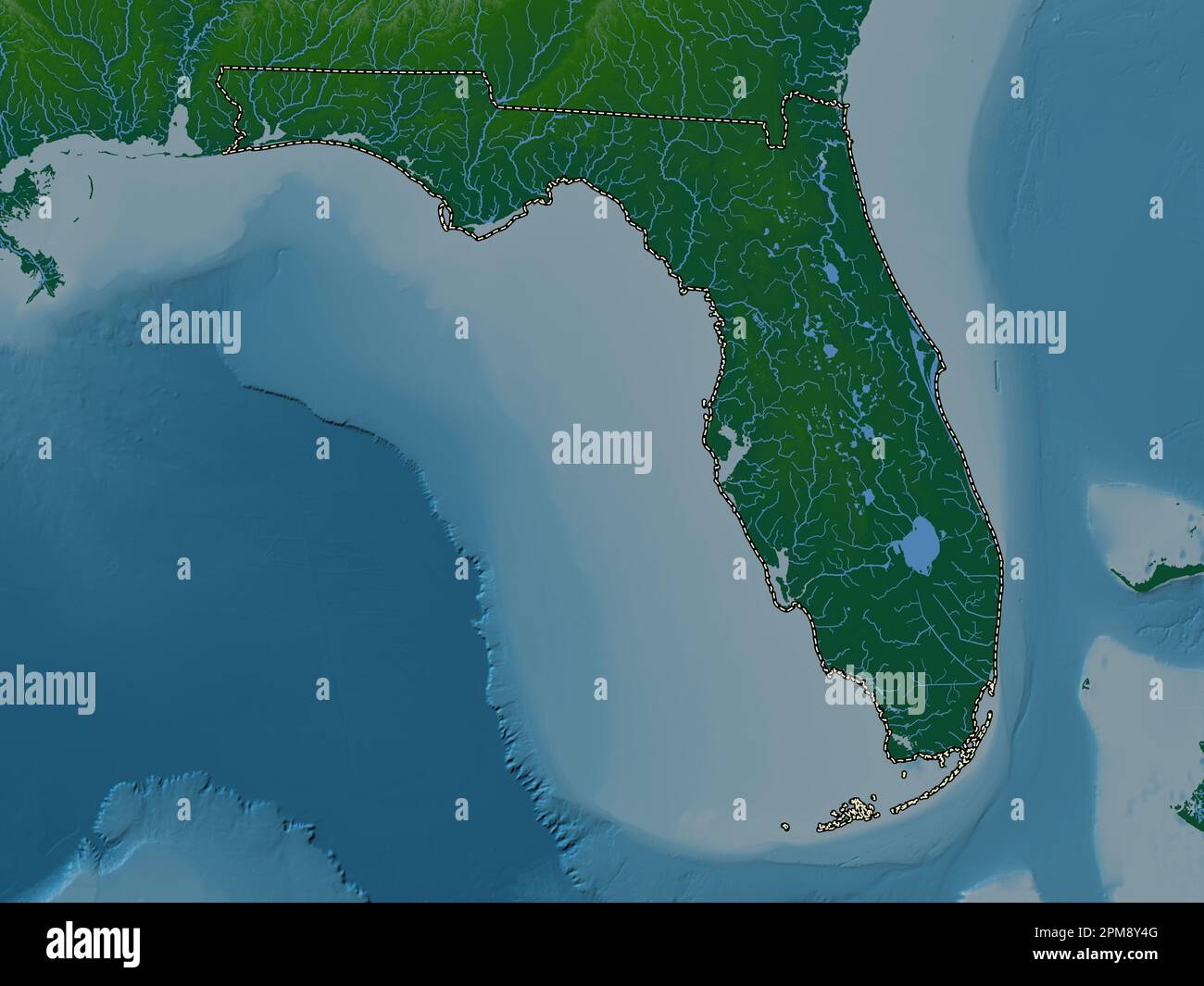 Florida, state of United States of America. Colored elevation map with