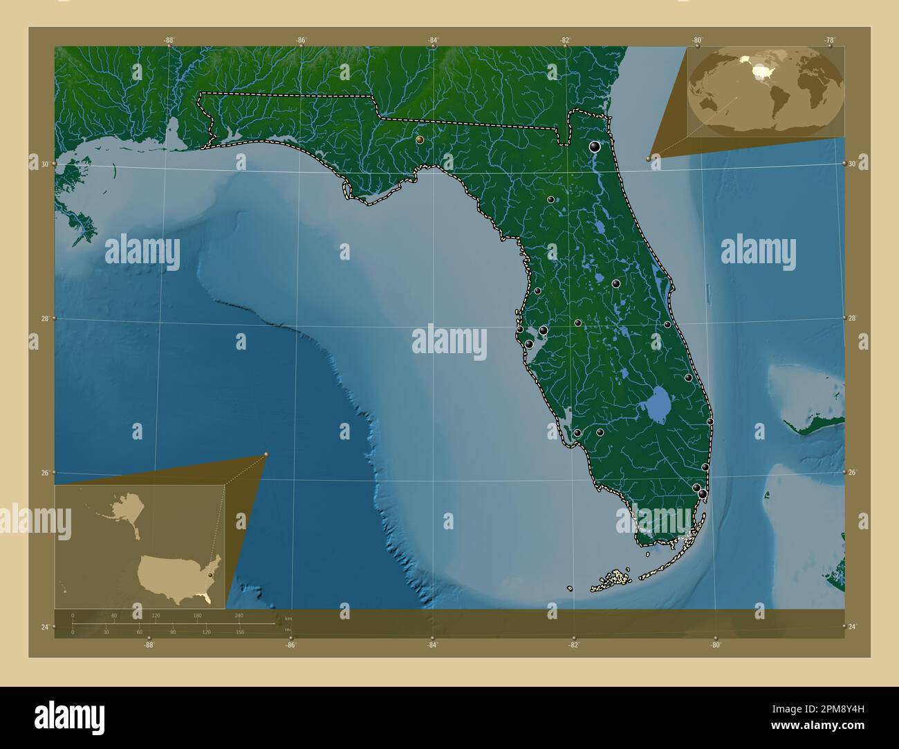 Florida State Of United States Of America Colored Elevation Map With Florida State Of United States Of America Colored Elevation Map With Lakes And Rivers Locations Of Major Cities Of The Region Corner Auxiliary Loc 2PM8Y4H