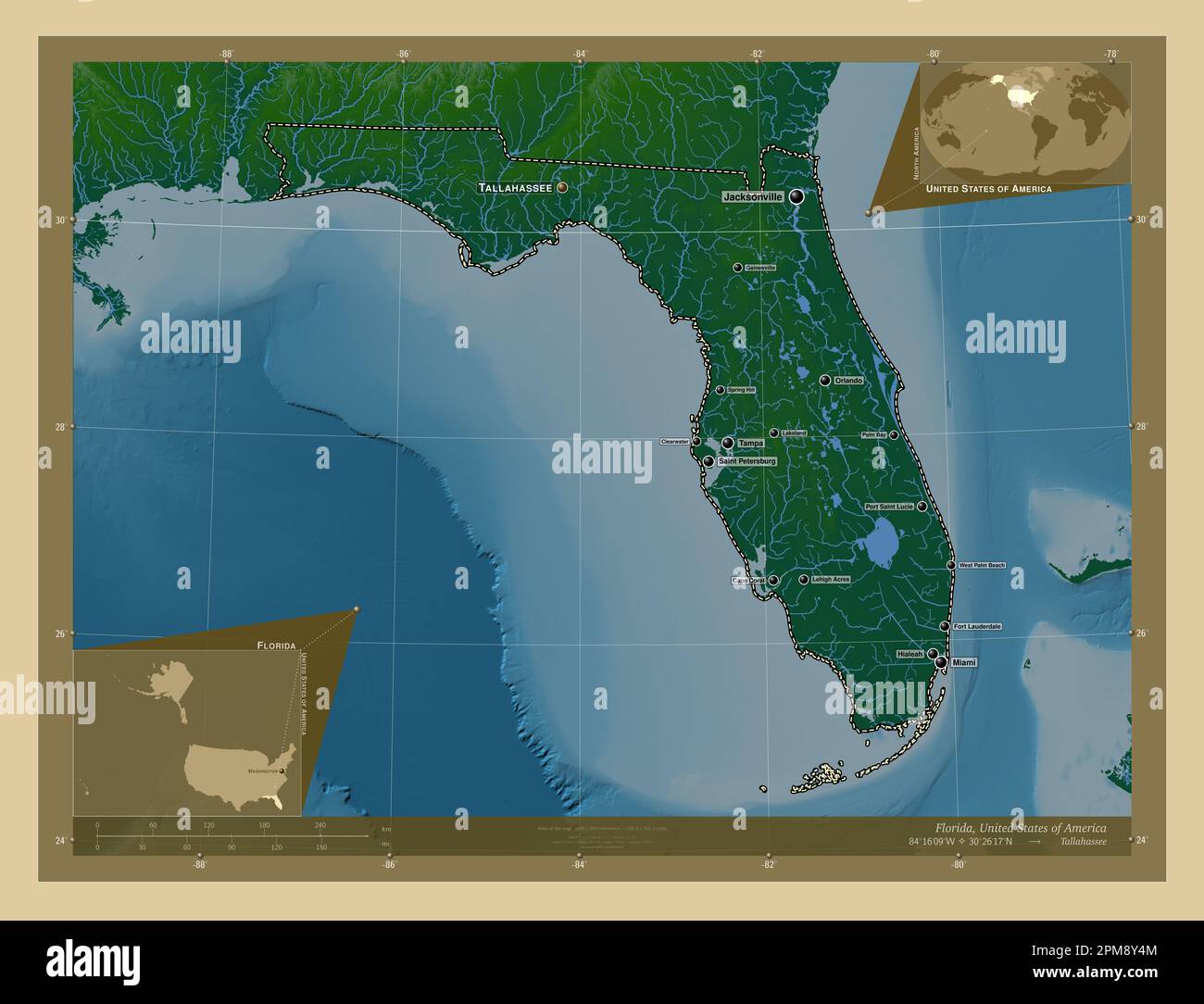 Florida, state of United States of America. Colored elevation map with