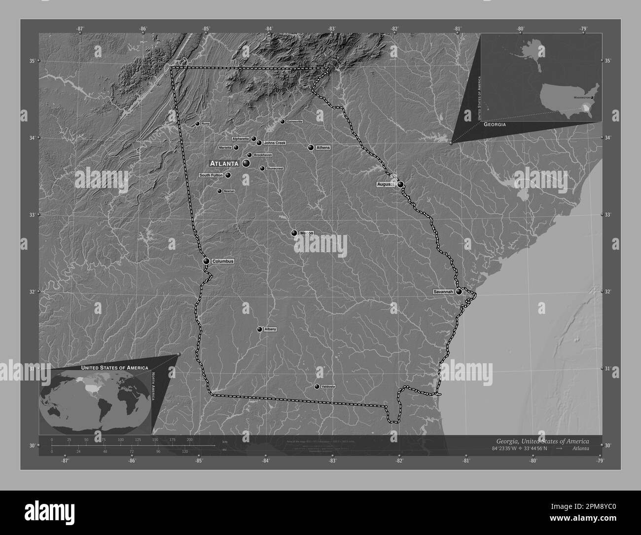 state of United States of America. Bilevel elevation map with