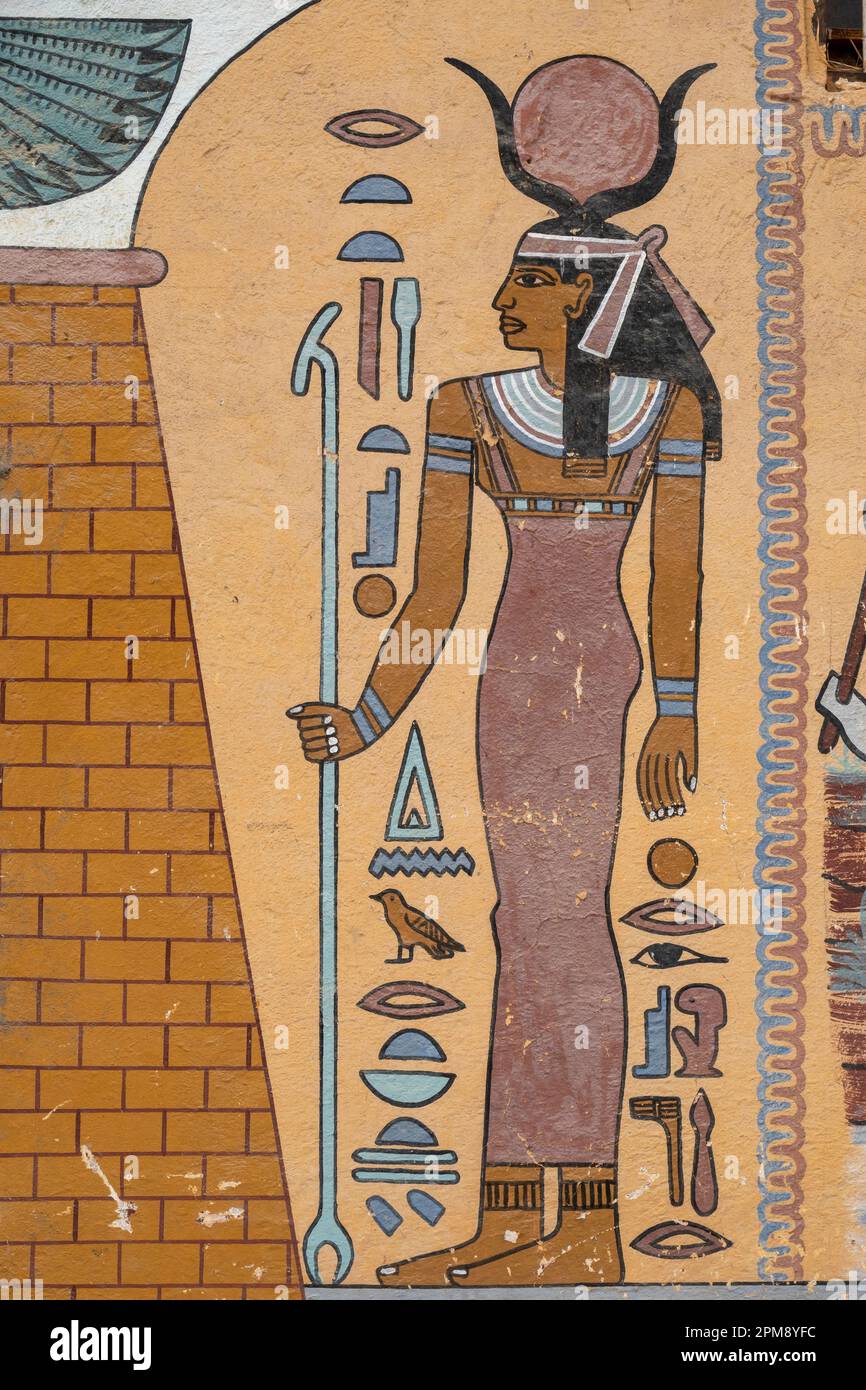 Modern painted Egyptian Hajj Mural in Luxor, Egypt. Stock Photo