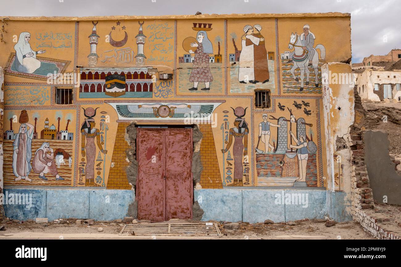 Modern painted Egyptian Hajj Mural in Luxor, Egypt. Stock Photo