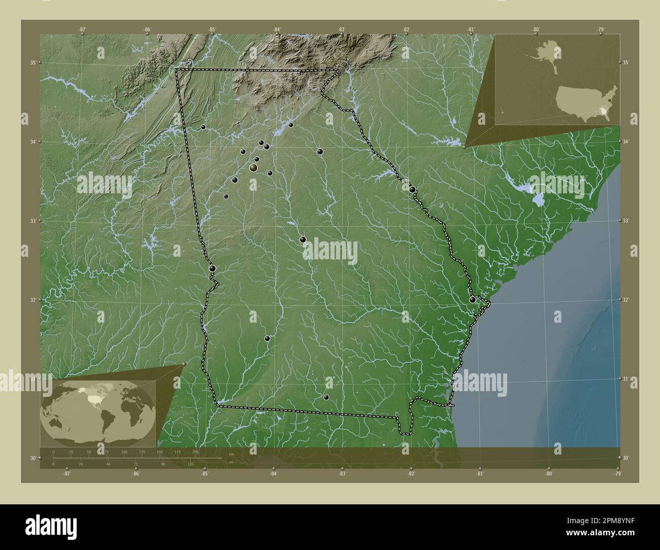 Georgia, state of United States of America. Elevation map colored in wiki style with lakes and rivers. Locations of major cities of the region. Corner Stock Photo