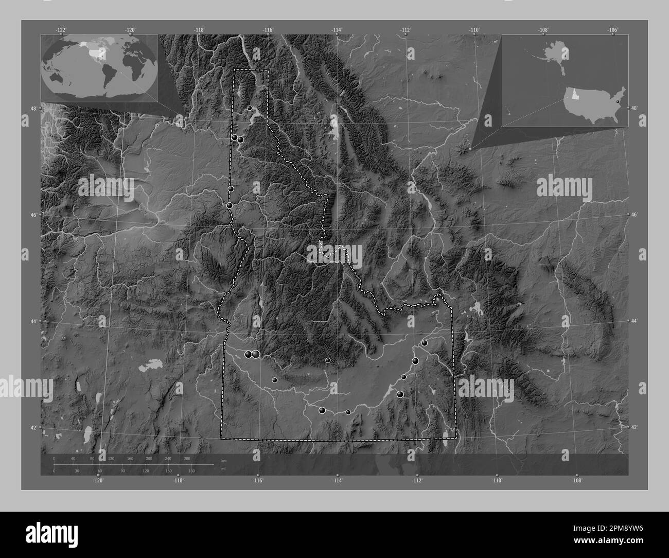 Idaho, state of United States of America. Grayscale elevation map with lakes and rivers. Locations of major cities of the region. Corner auxiliary loc Stock Photo