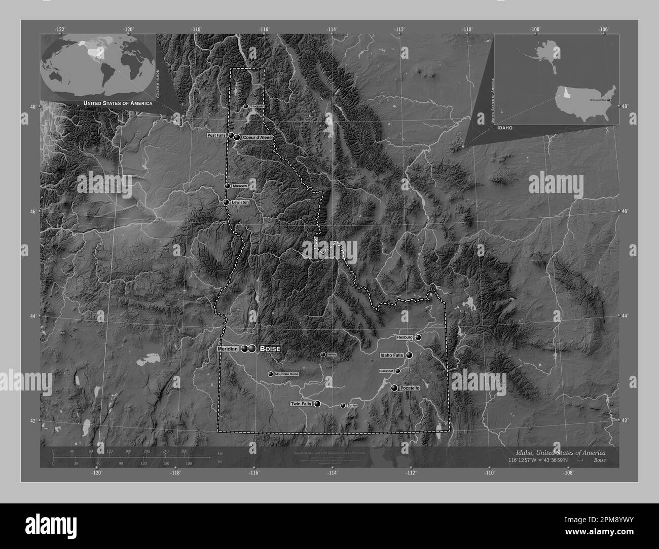 Idaho, state of United States of America. Grayscale elevation map with lakes and rivers. Locations and names of major cities of the region. Corner aux Stock Photo