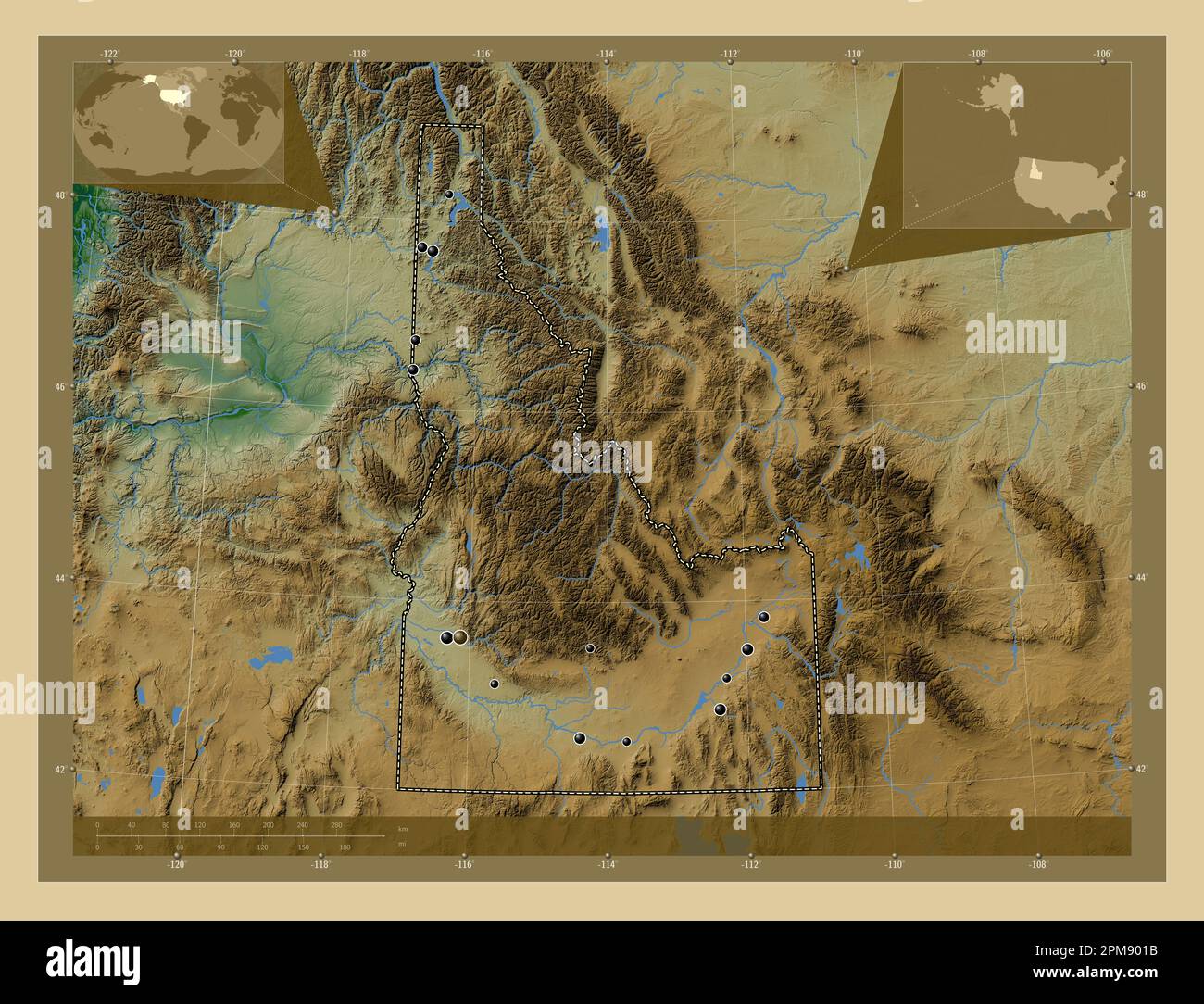 Idaho, state of United States of America. Colored elevation map with lakes and rivers. Locations of major cities of the region. Corner auxiliary locat Stock Photo