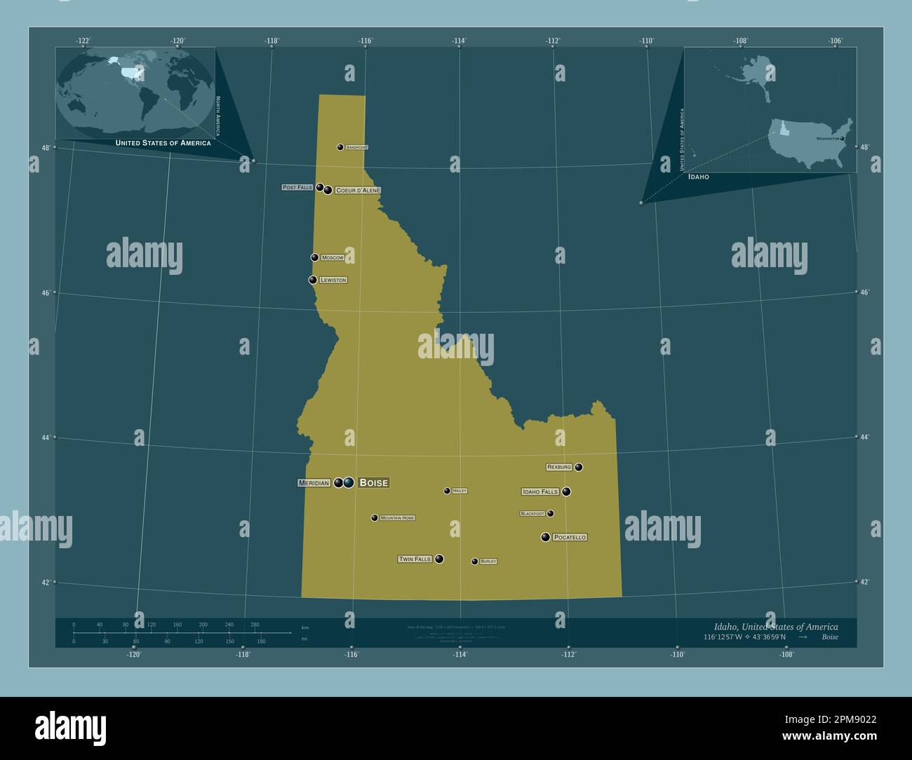 Idaho, state of United States of America. Solid color shape. Locations