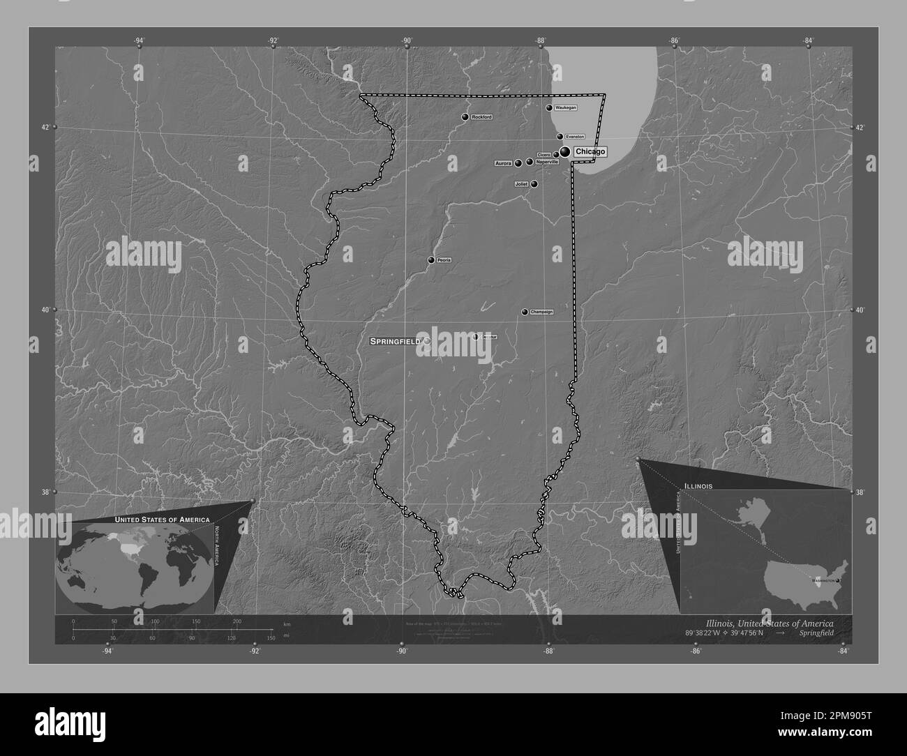 Illinois, state of United States of America. Bilevel elevation map with