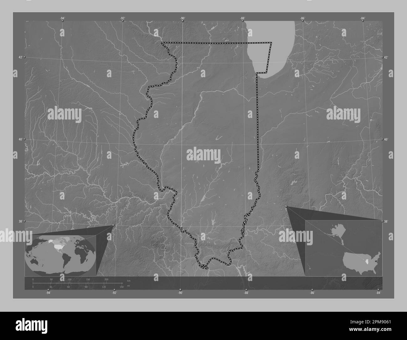 Illinois, state of United States of America. Grayscale elevation map