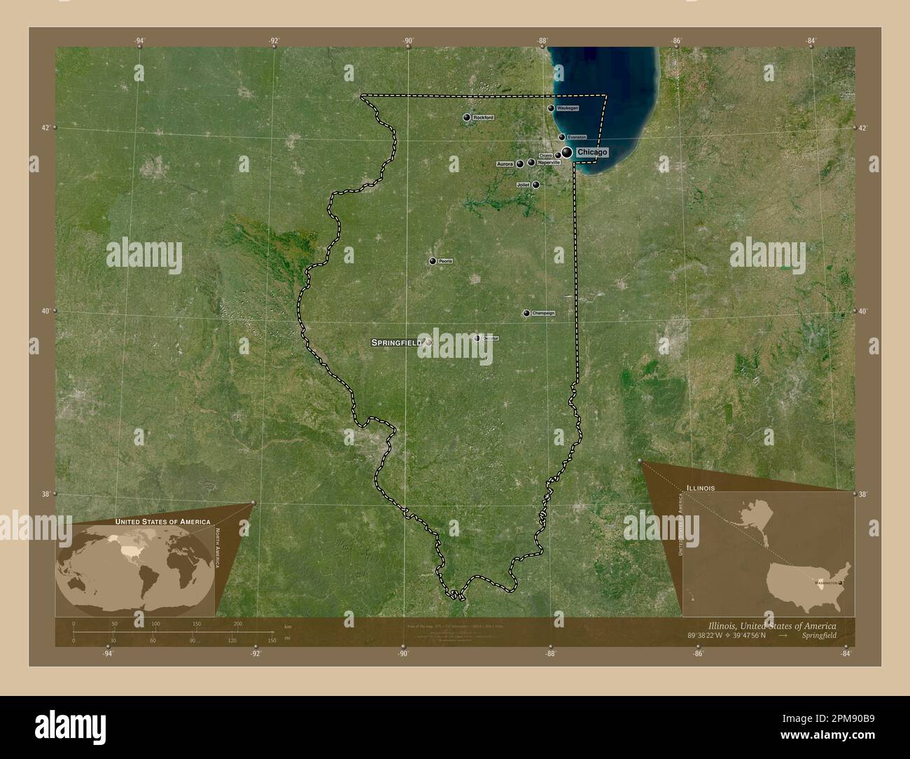 Illinois, state of United States of America. Low resolution satellite map. Locations and names
