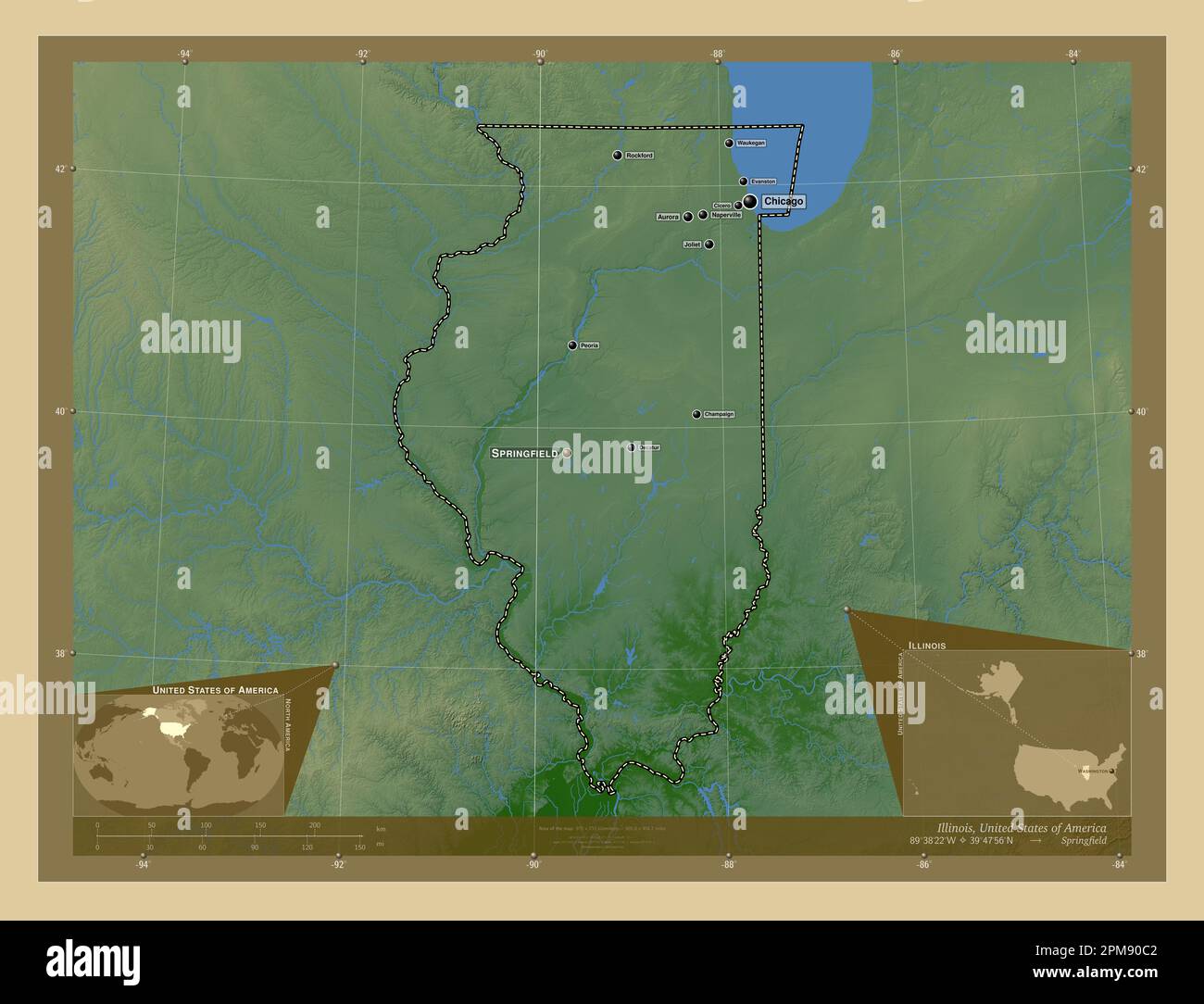 Illinois, state of United States of America. Colored elevation map with lakes and rivers
