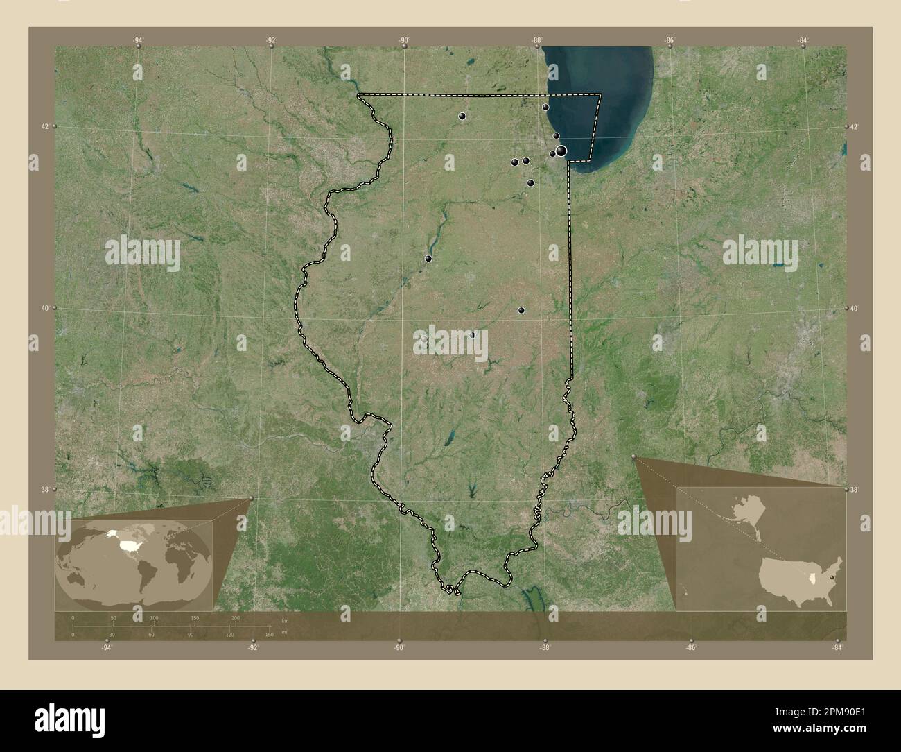 Illinois State Of United States Of America High Resolution Satellite Illinois State Of United States Of America High Resolution Satellite Map Locations Of Major Cities Of The Region Corner Auxiliary Location Maps 2PM90E1 