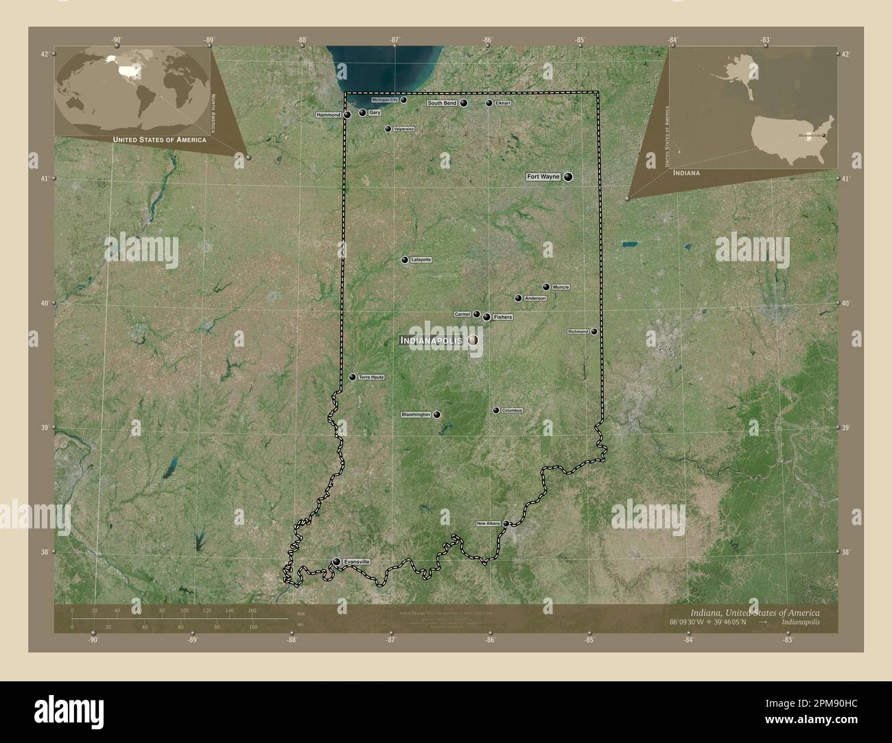 Indiana state of United States - Indiana State Of United States Of America High Resolution Satellite Map Locations And Names Of Major Cities Of The Region Corner Auxiliary Locatio 2PM90HC 