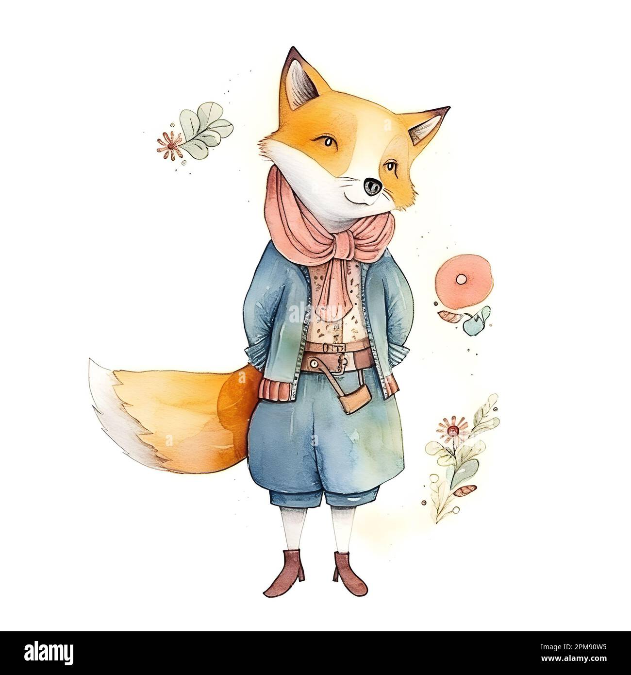 Fox in a blue suit and pink scarf with wildflowers. The fox is isolated on a white background. Forest Animals. Cartoon. Watercolor. Illustration Stock Photo