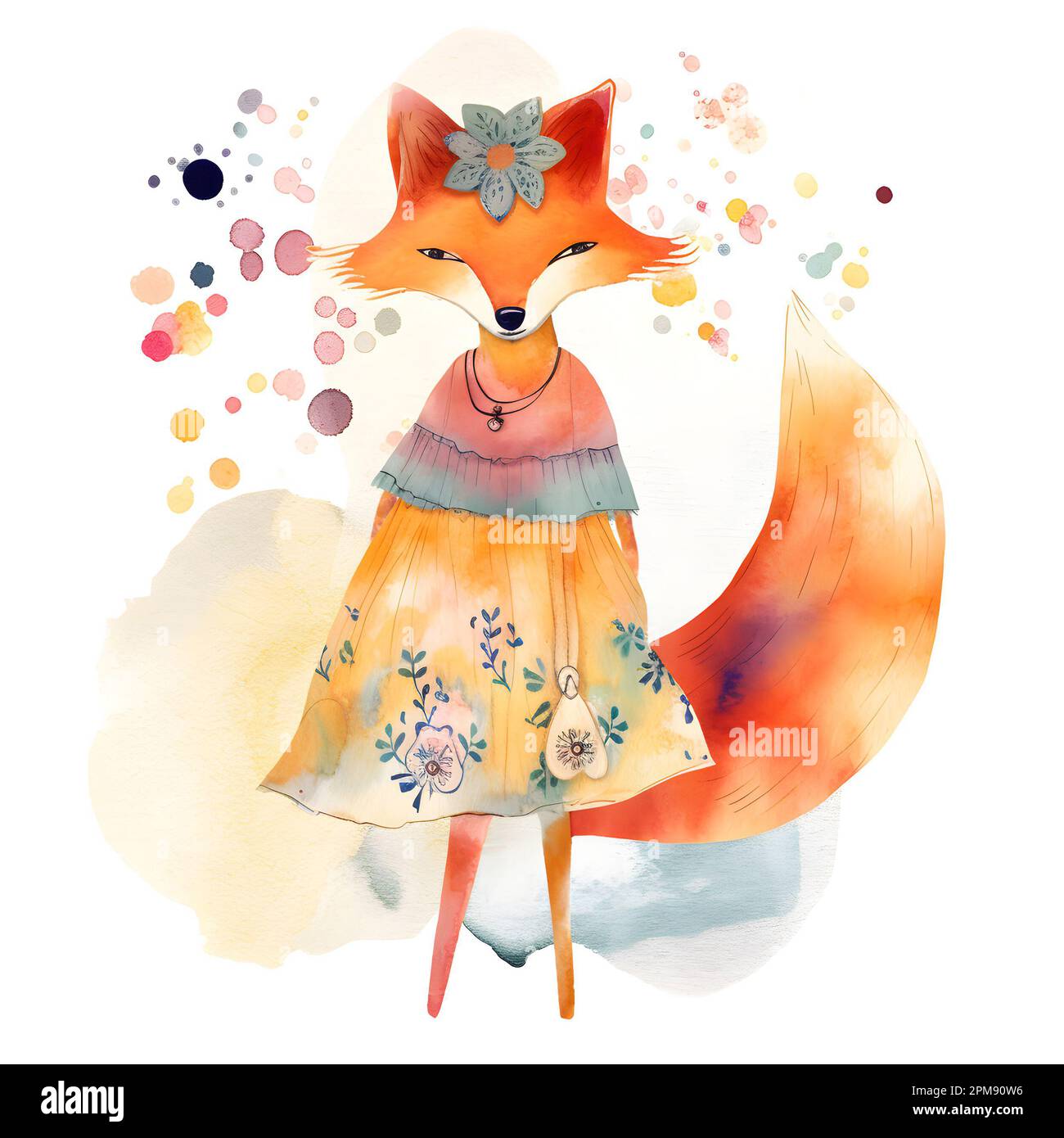 Fox in a boho dress with wildflowers. The fox is isolated on a white background. Forest Animals. Cartoon. Watercolor. Illustration Stock Photo