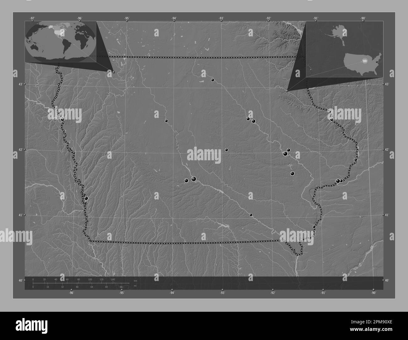 Iowa state of United States of - Iowa State Of United States Of America Bilevel Elevation Map With Lakes And Rivers Locations Of Major Cities Of The Region Corner Auxiliary Locati 2PM90XE 
