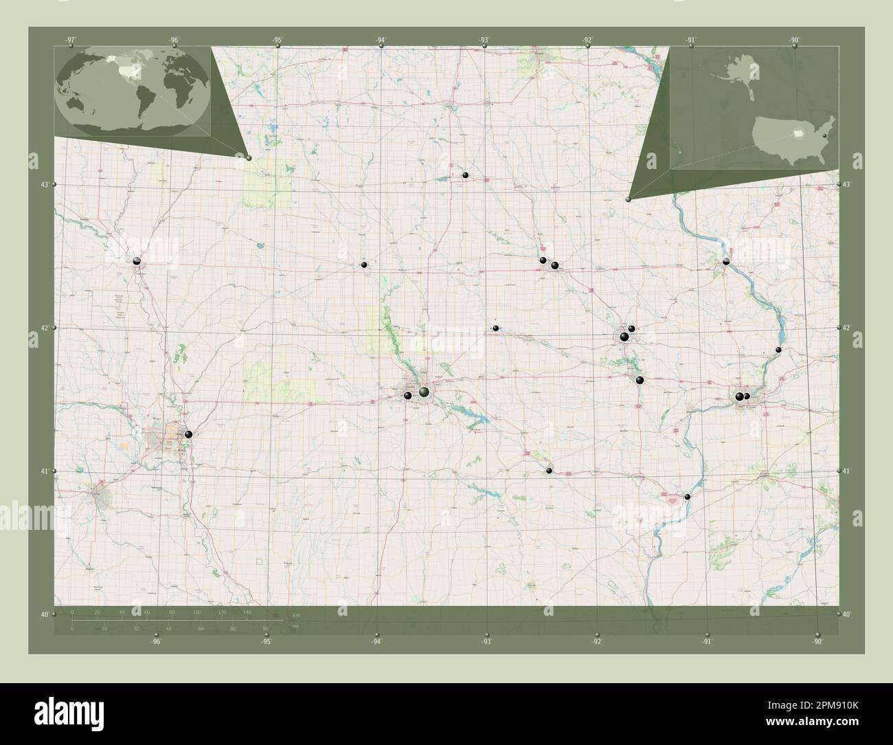 Iowa, state of United States of America. Open Street Map. Locations of