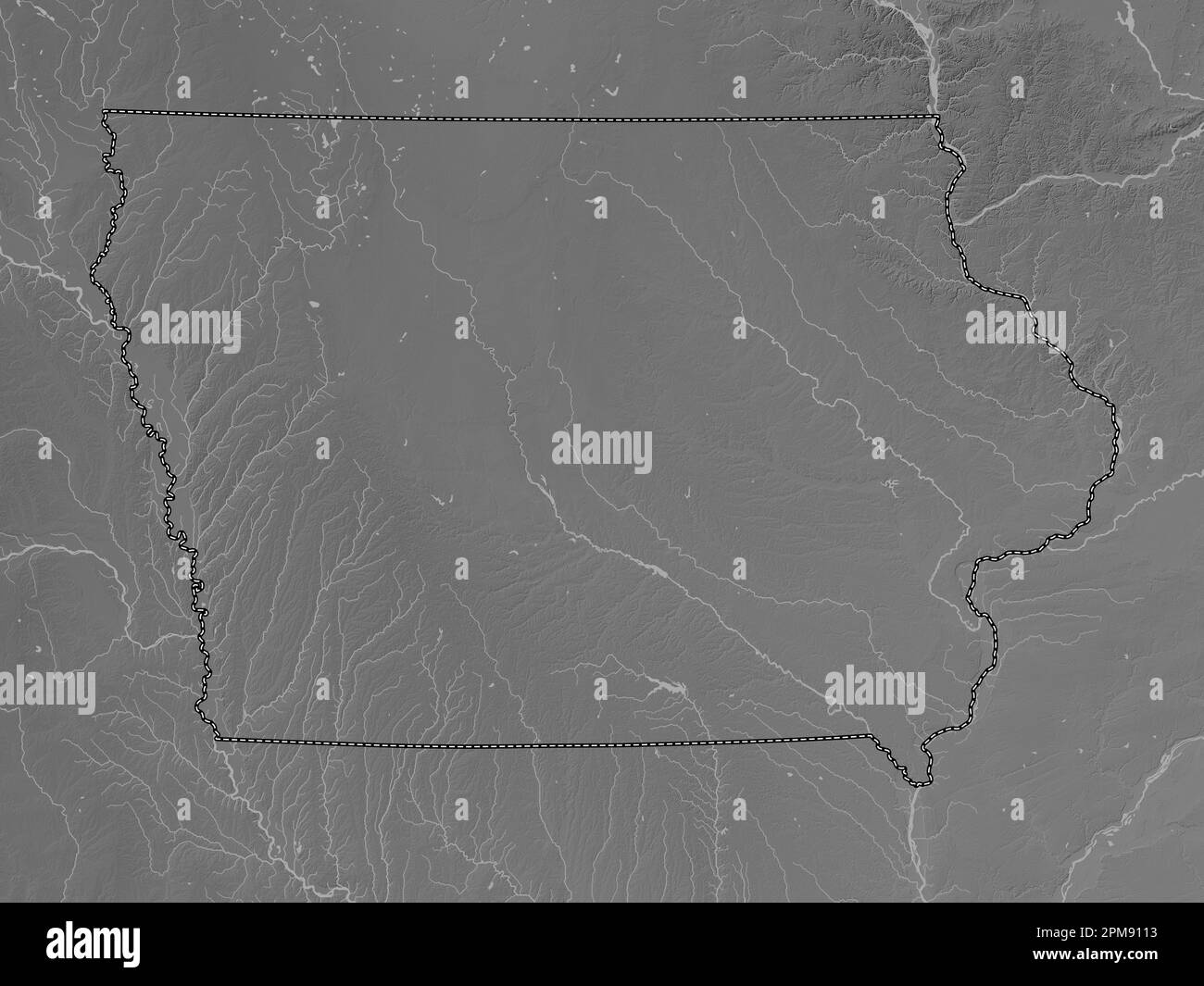 Iowa state of United States of - Iowa State Of United States Of America Grayscale Elevation Map With Lakes And Rivers 2PM9113