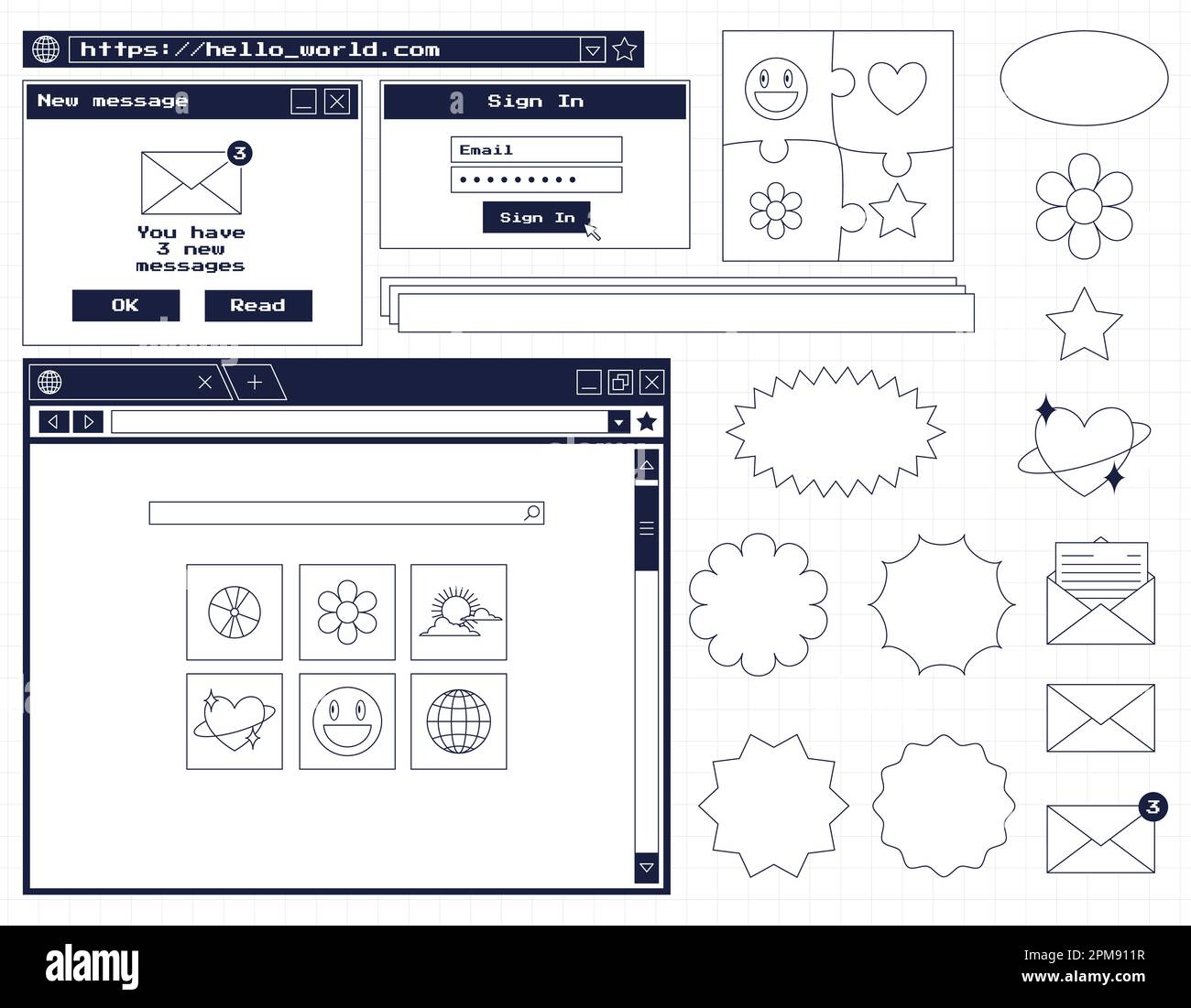 Set of various user interface elements and stickers. Nostalgic retro y2k old computer style. Web browser window, new notification message, search bar, Stock Vector