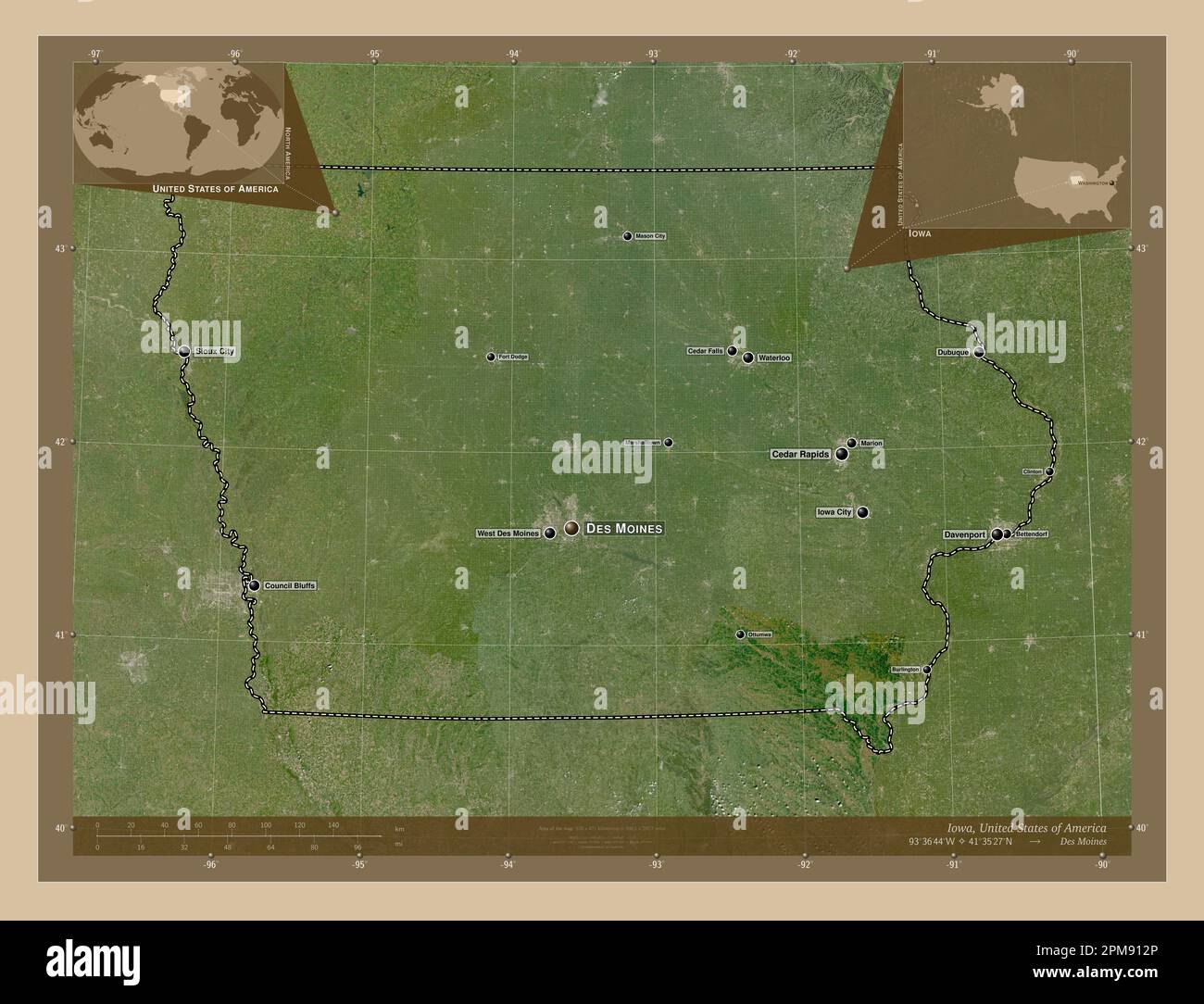 Iowa State Of United States Of America Low Resolution Satellite Map Iowa State Of United States Of America Low Resolution Satellite Map Locations And Names Of Major Cities Of The Region Corner Auxiliary Location Ma 2PM912P
