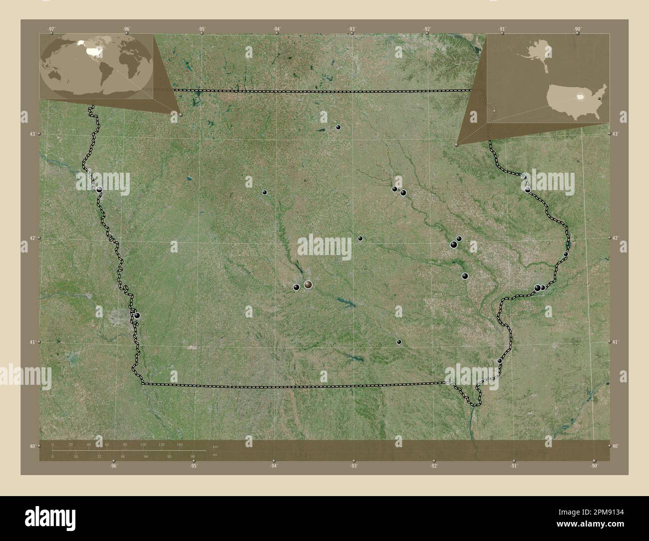 Iowa State Of United States Of America High Resolution Satellite Map Iowa State Of United States Of America High Resolution Satellite Map Locations Of Major Cities Of The Region Corner Auxiliary Location Maps 2PM9134