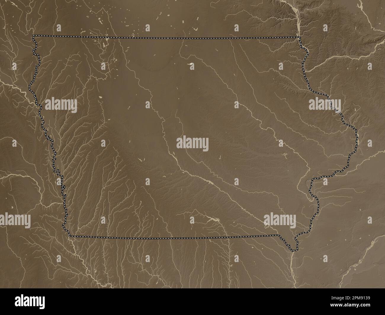 Iowa, state of United States of America. Elevation map colored in sepia ...