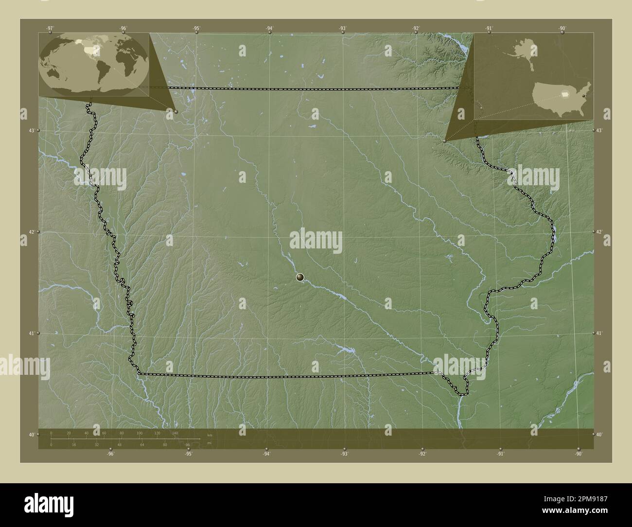 Iowa State Of United States Of America Elevation Map Colored In Wiki Iowa State Of United States Of America Elevation Map Colored In Wiki Style With Lakes And Rivers Corner Auxiliary Location Maps 2PM9187