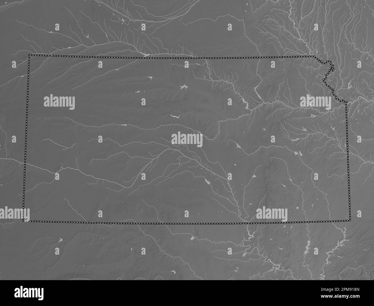 Kansas state of United States - Kansas State Of United States Of America Grayscale Elevation Map With Lakes And Rivers 2PM918N