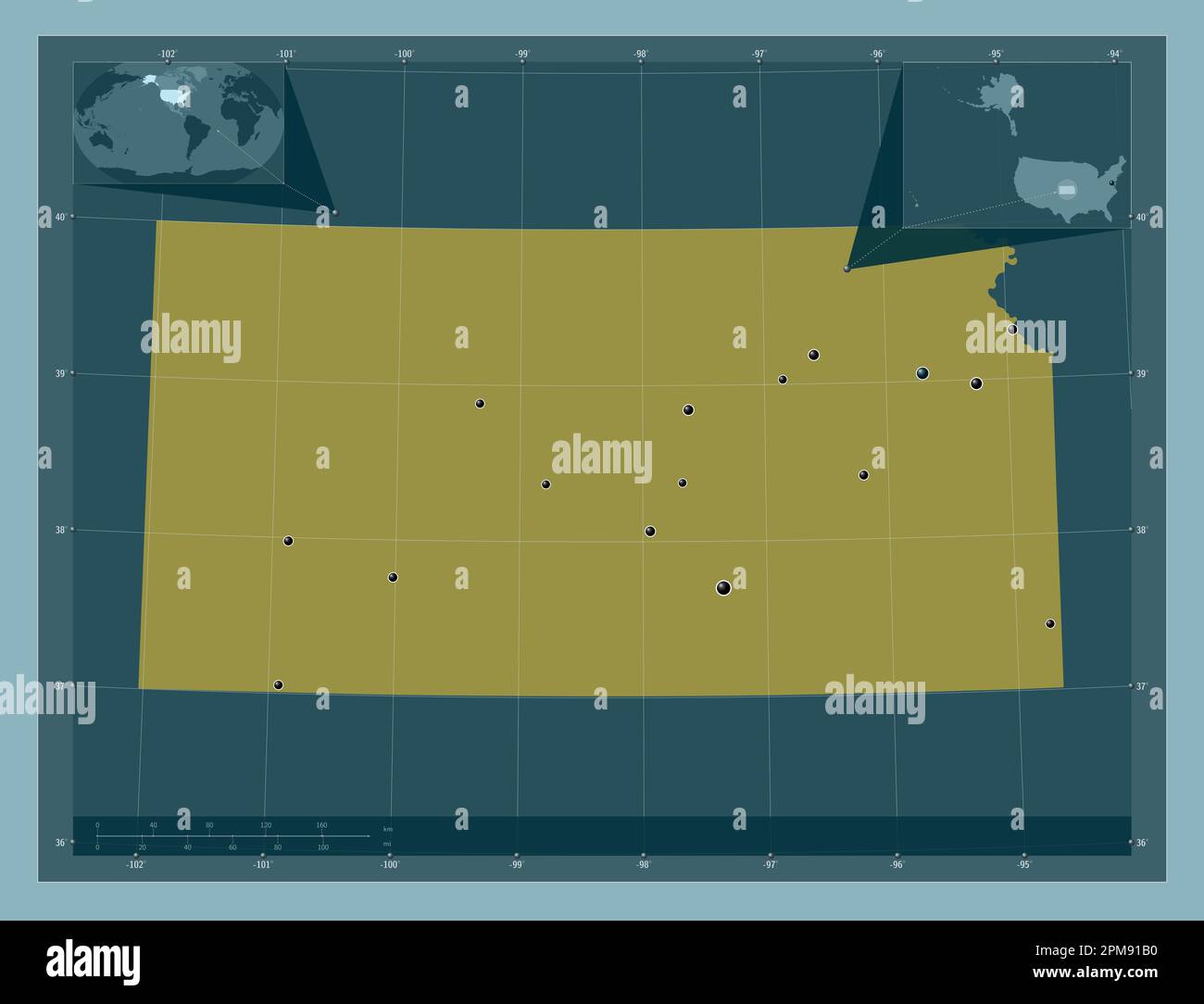 Kansas state of United States - Kansas State Of United States Of America Solid Color Shape Locations Of Major Cities Of The Region Corner Auxiliary Location Maps 2PM91B0 