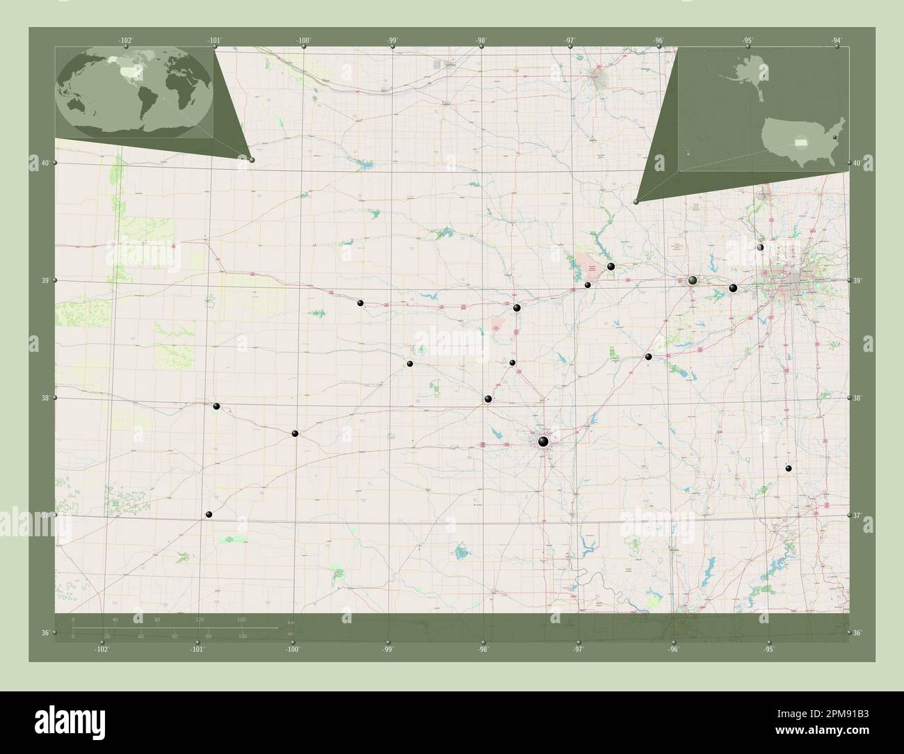 Kansas state of United States - Kansas State Of United States Of America Open Street Map Locations Of Major Cities Of The Region Corner Auxiliary Location Maps 2PM91B3 