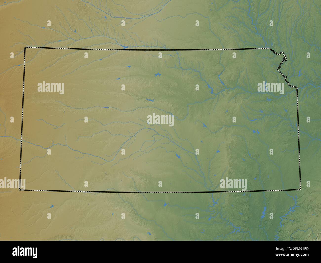 Kansas, state of United States of America. Colored elevation map with