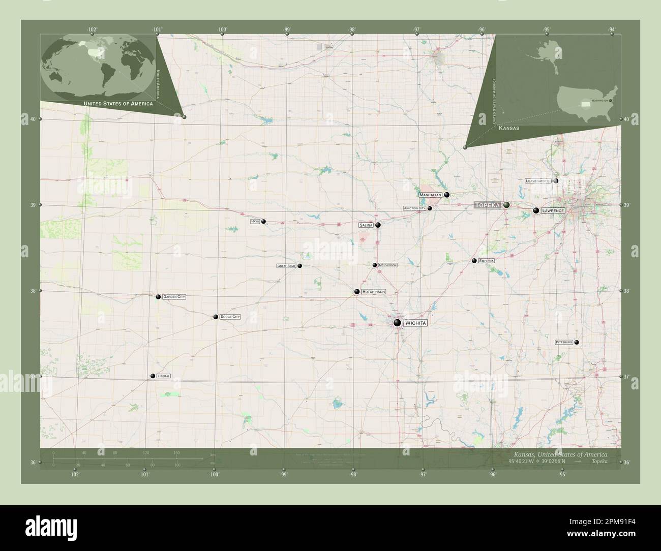 Kansas, state of United States of America. Open Street Map. Locations and names of major cities