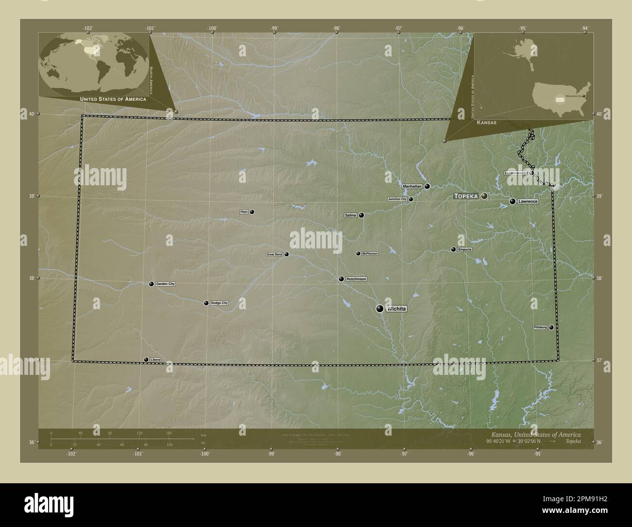Kansas, state of United States of America. Elevation map colored in ...