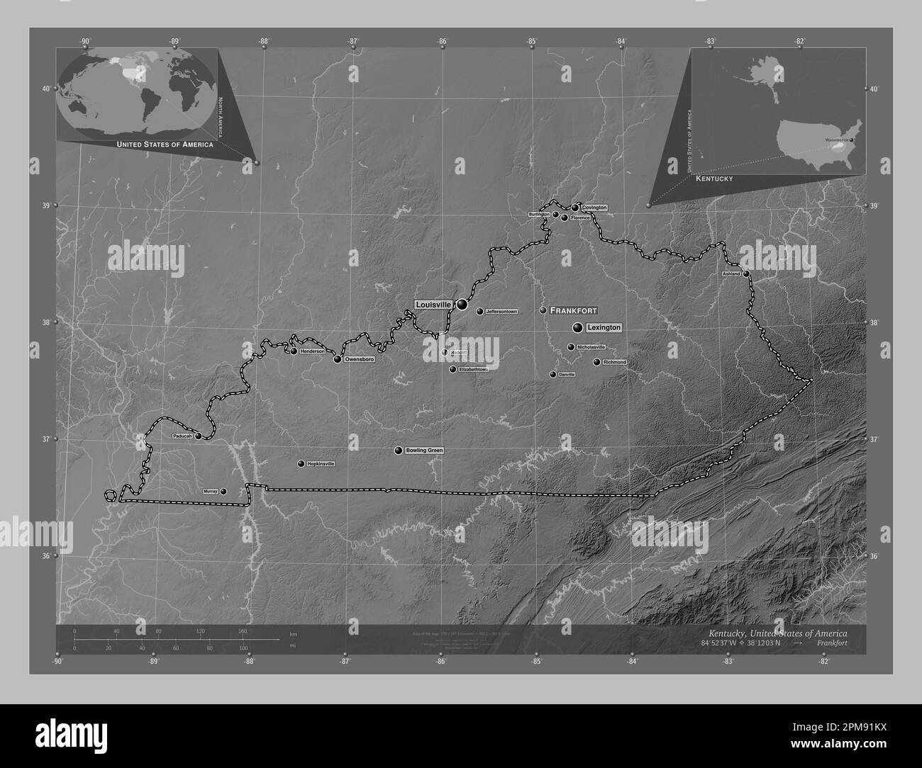 Kentucky, state of United States of America. Grayscale elevation map with lakes and rivers. Locations and names of major cities of the region. Corner Stock Photo