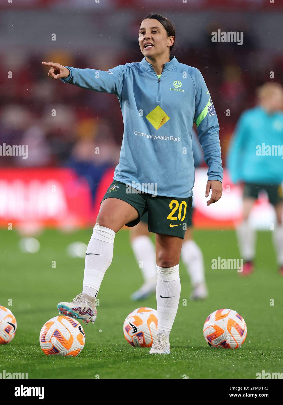 London, UK. 11th Apr, 2023. Sam Kerr of Australia warms up before the