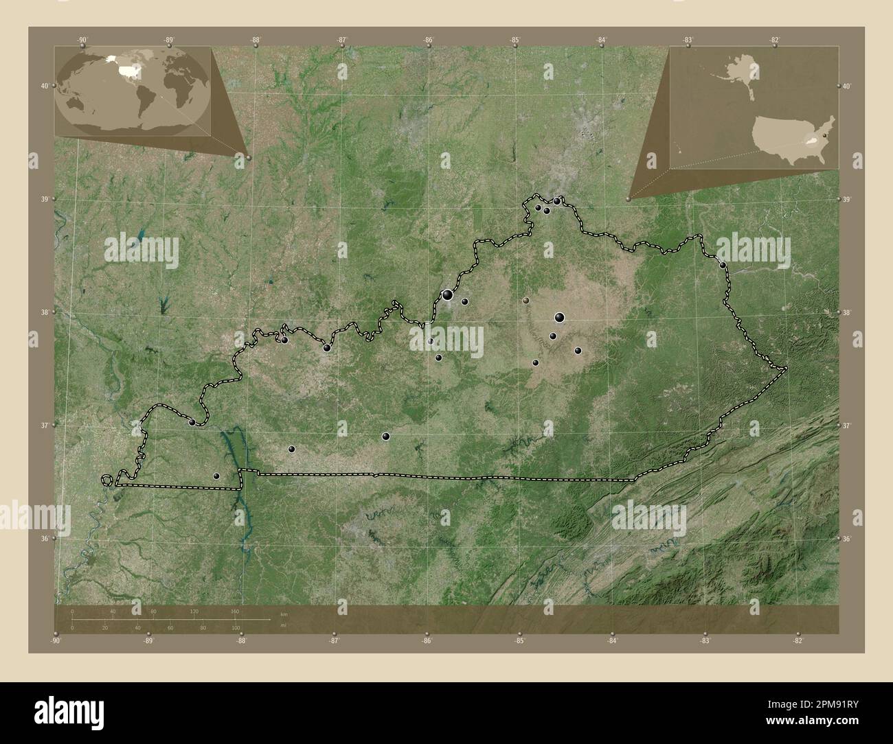 Kentucky, state of United States of America. High resolution satellite map. Locations of major cities of the region. Corner auxiliary location maps Stock Photo