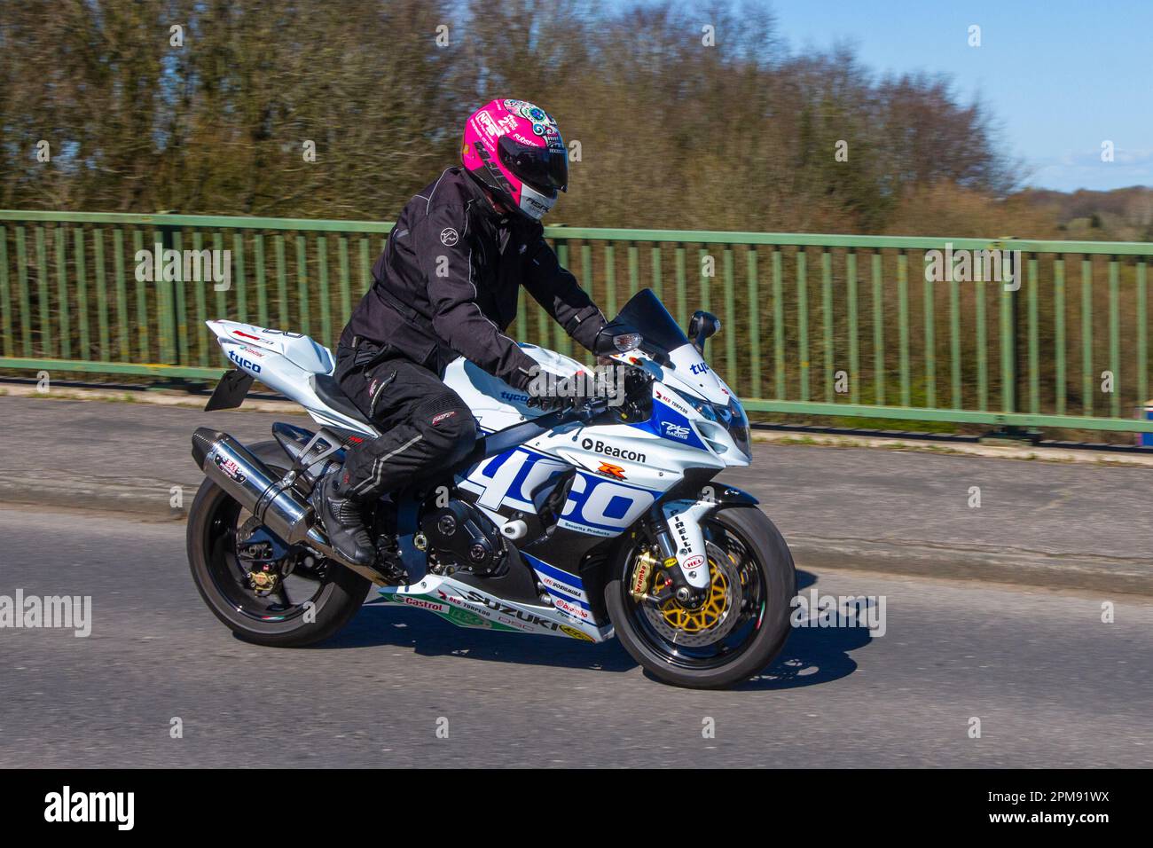 2013 Suzuki Gsxr 1000 L3 Inline Four Blue Motorcycle Supersports Petrol 999 cc; crossing motorway bridge in Greater Manchester, UK Stock Photo