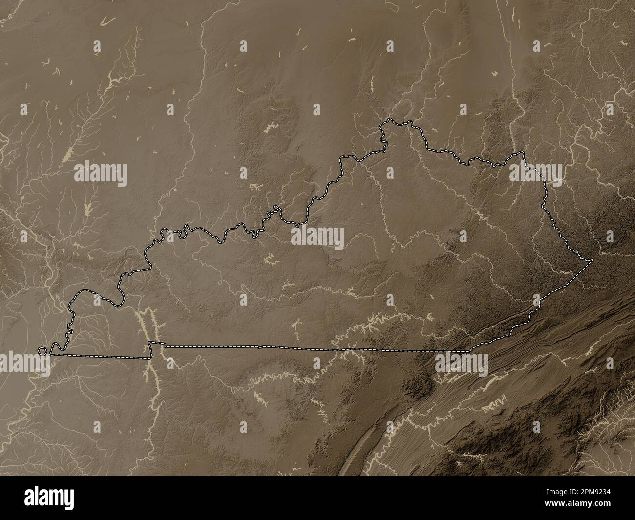 Kentucky, state of United States of America. Elevation map colored in sepia tones with lakes and rivers Stock Photo