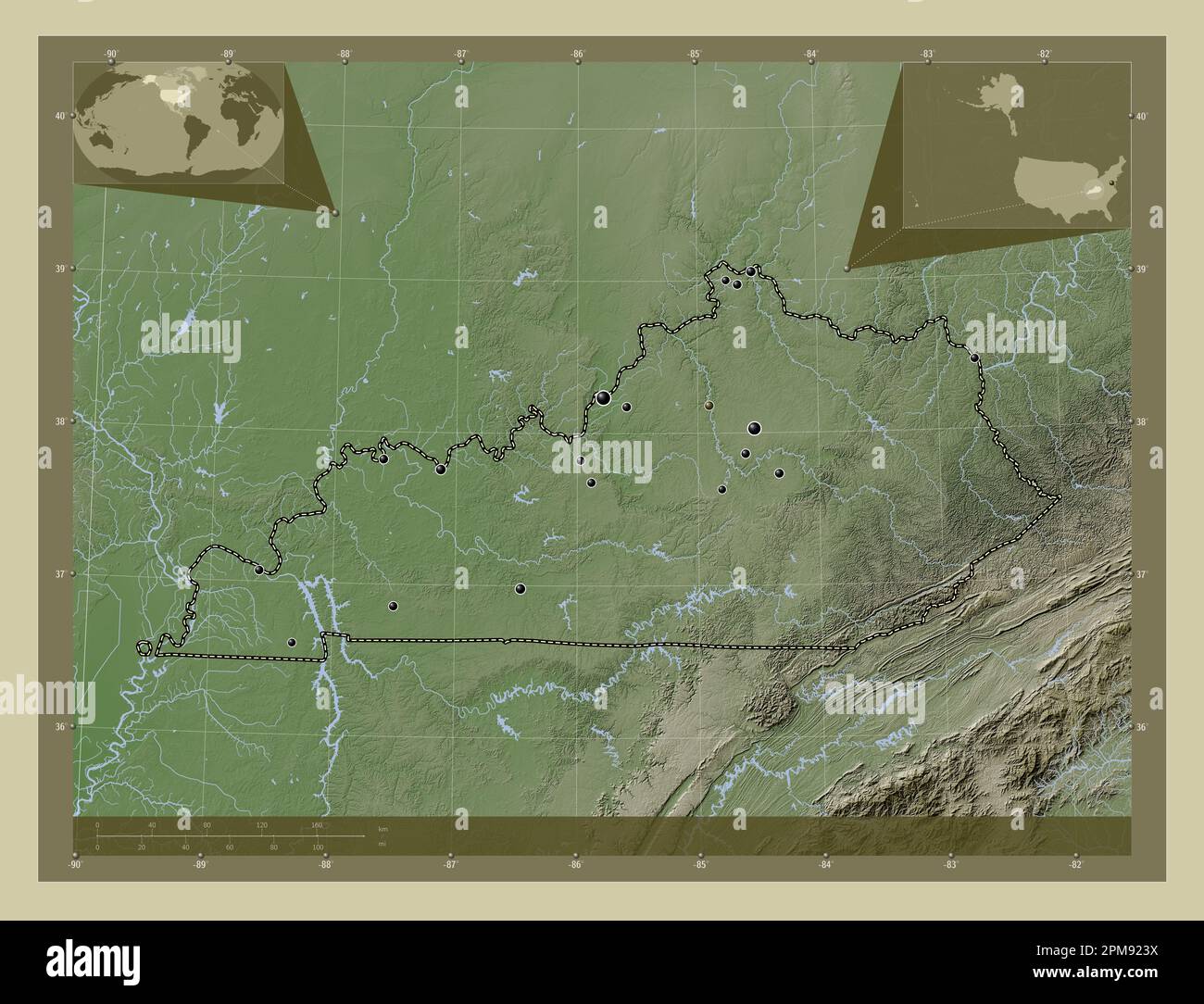 Kentucky, state of United States of America. Elevation map colored in