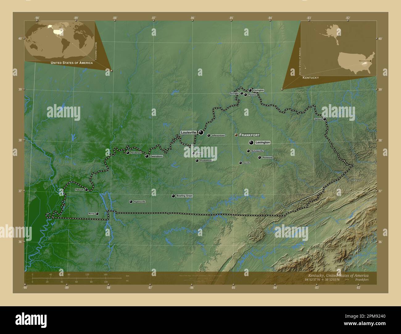 Kentucky, state of United States of America. Colored elevation map with
