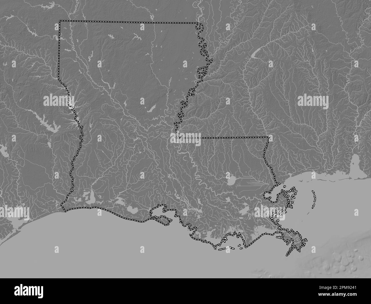 Louisiana, state of United States of America. Bilevel elevation map with lakes and rivers Stock Photo