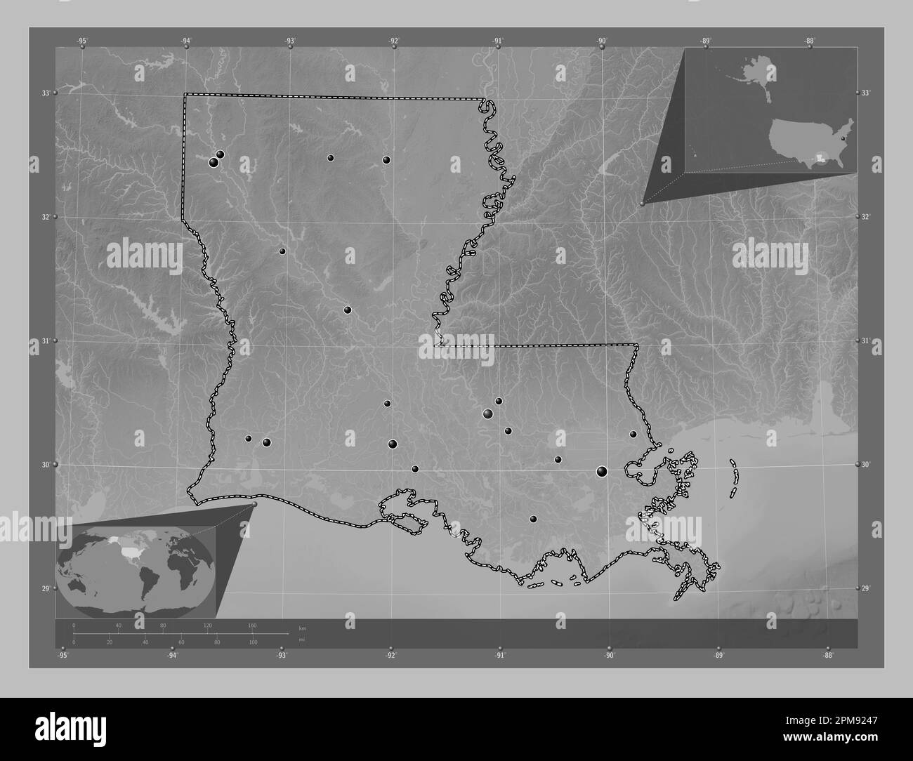 Louisiana state of United States - Louisiana State Of United States Of America Grayscale Elevation Map With Lakes And Rivers Locations Of Major Cities Of The Region Corner Auxiliary 2PM9247 