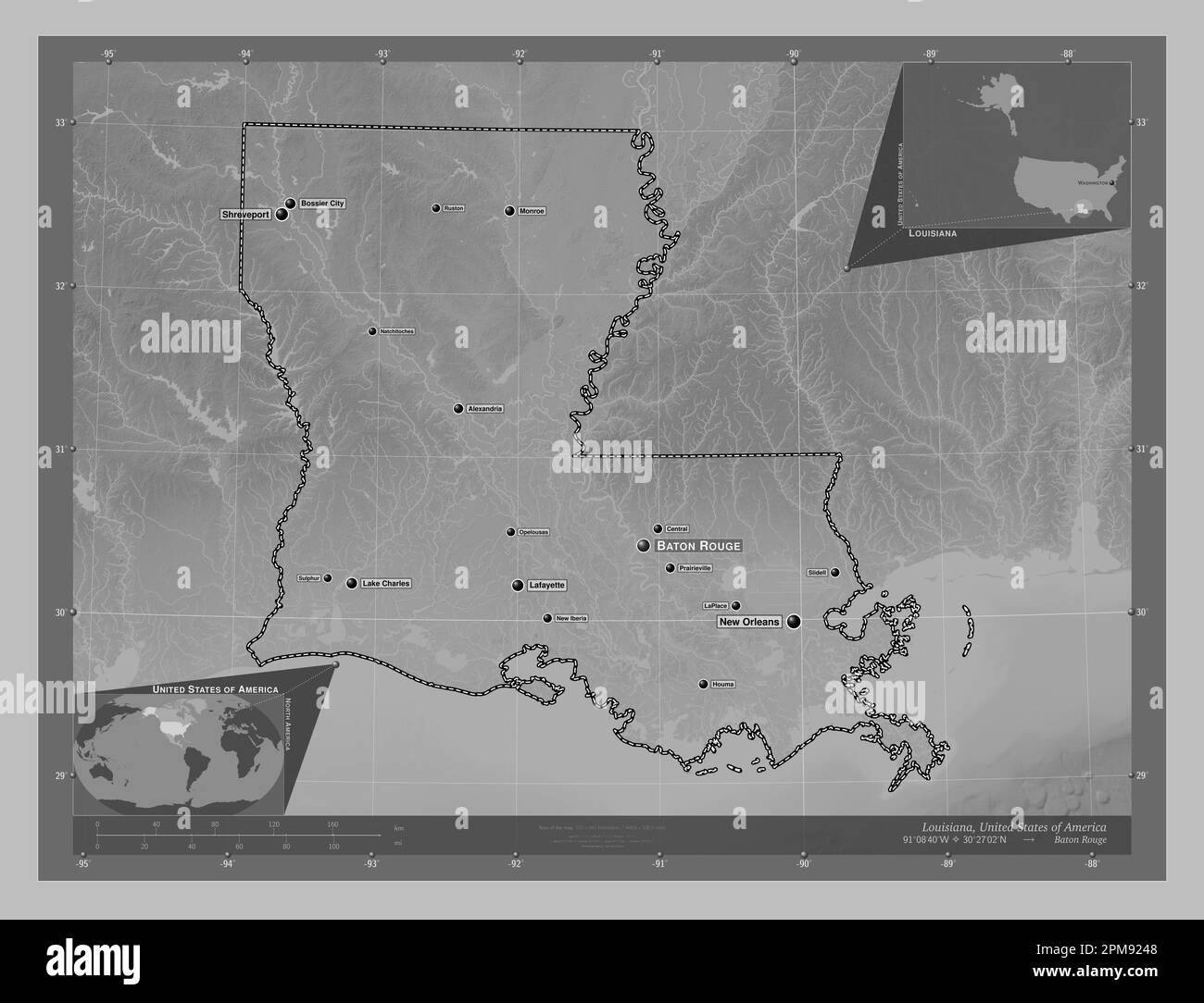 Louisiana state of United States - Louisiana State Of United States Of America Grayscale Elevation Map With Lakes And Rivers Locations And Names Of Major Cities Of The Region Corner 2PM9248
