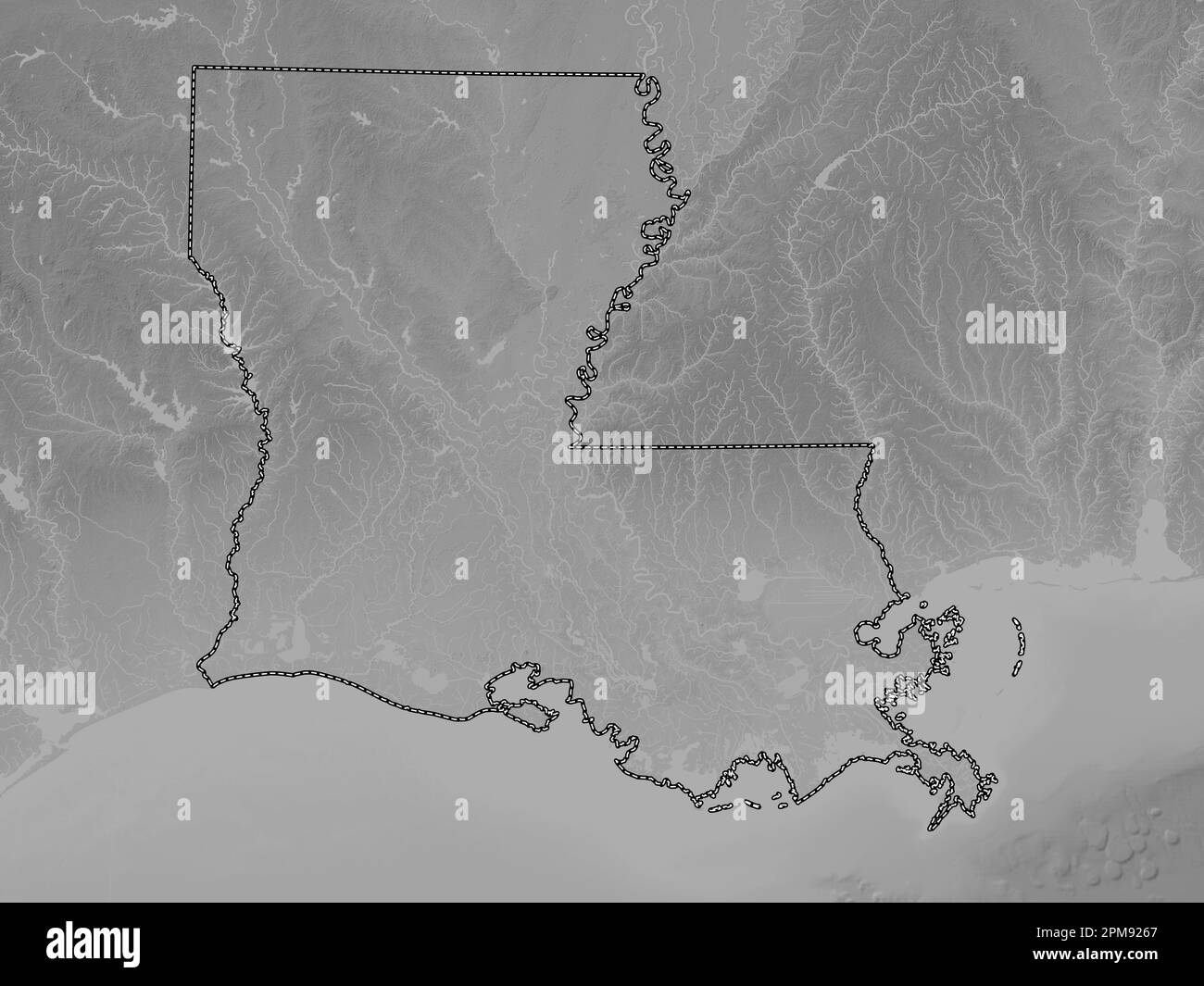 Louisiana state of United States - Louisiana State Of United States Of America Grayscale Elevation Map With Lakes And Rivers 2PM9267