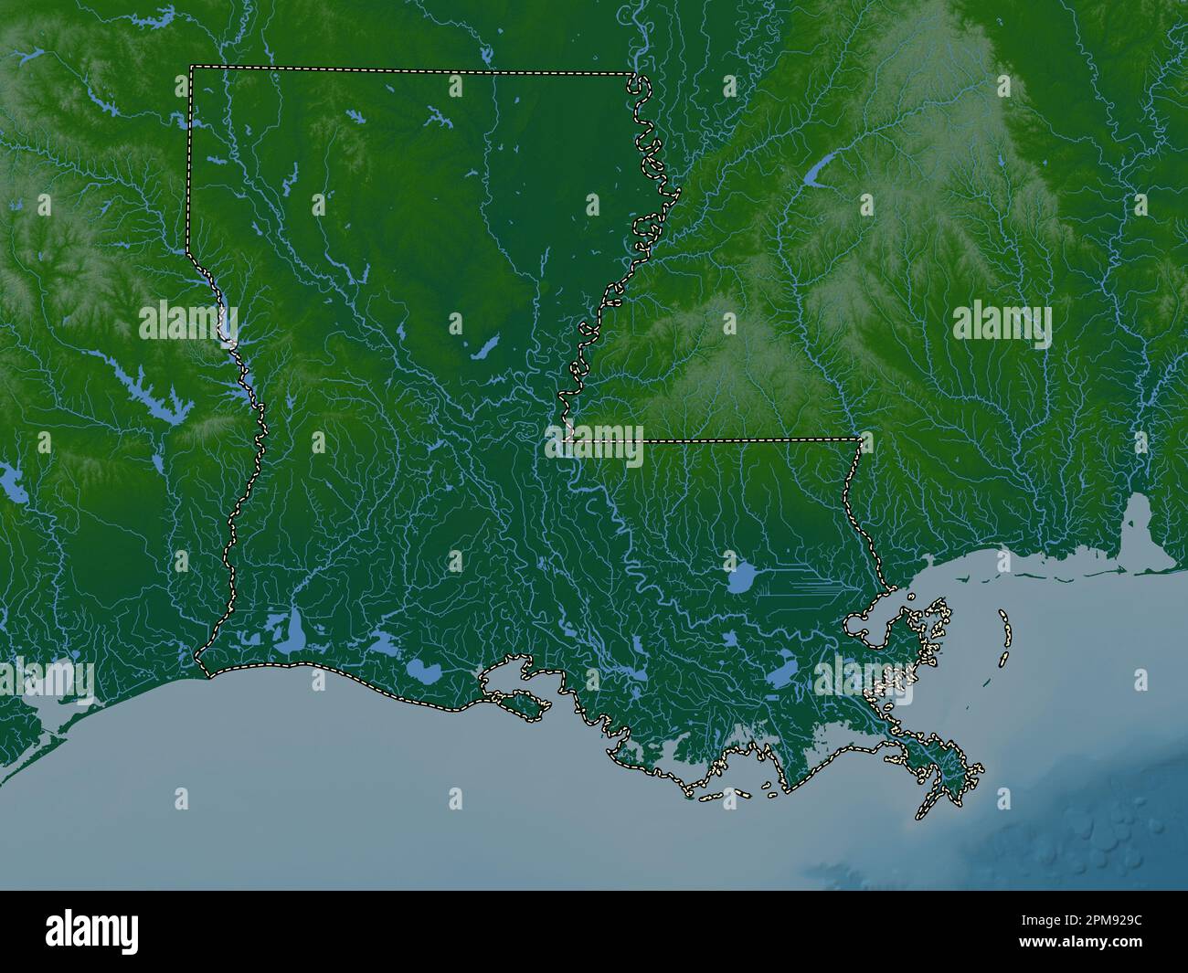 Louisiana state of United States - Louisiana State Of United States Of America Colored Elevation Map With Lakes And Rivers 2PM929C