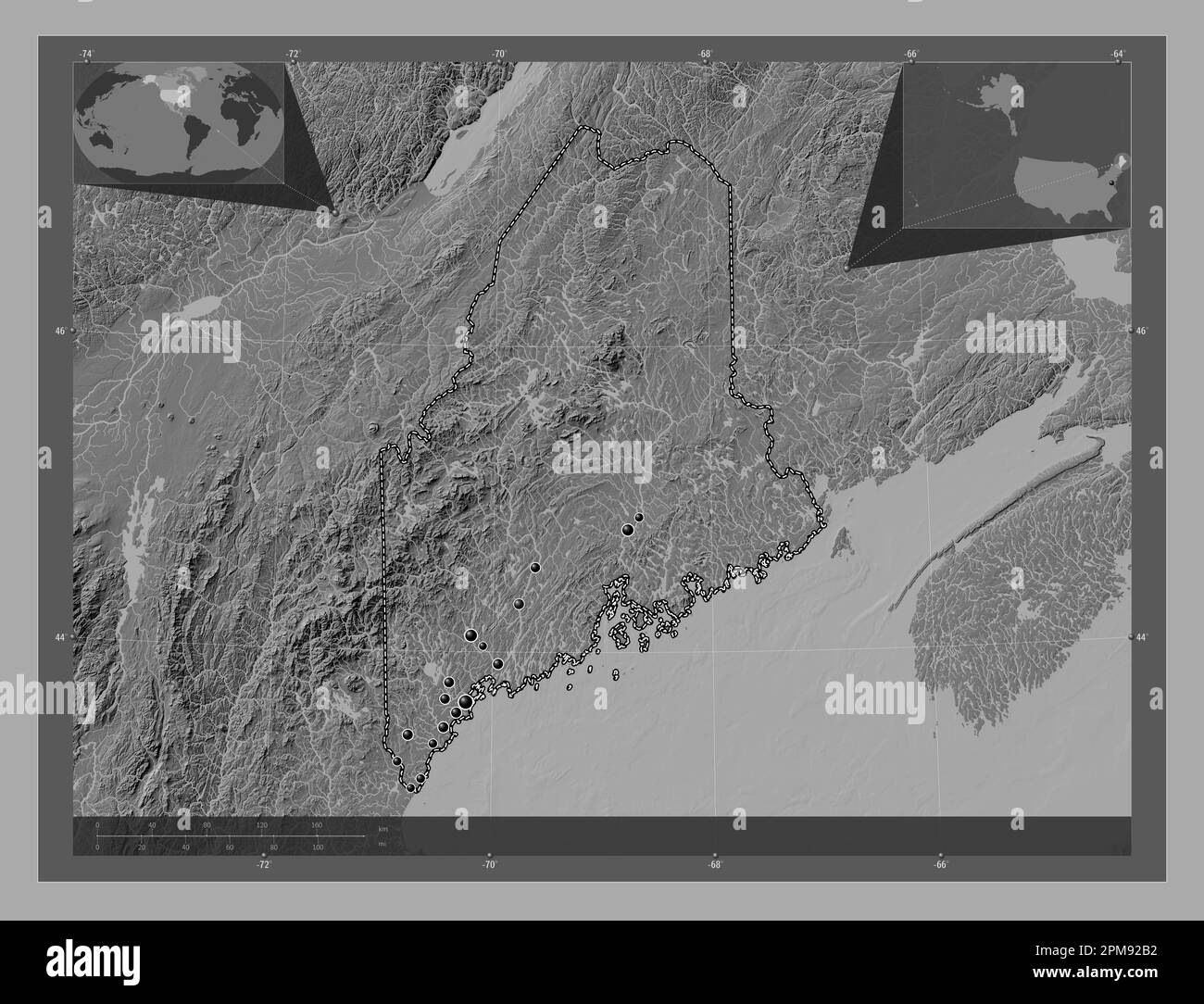 Maine state of United States of - Maine State Of United States Of America Bilevel Elevation Map With Lakes And Rivers Locations Of Major Cities Of The Region Corner Auxiliary Locat 2PM92B2