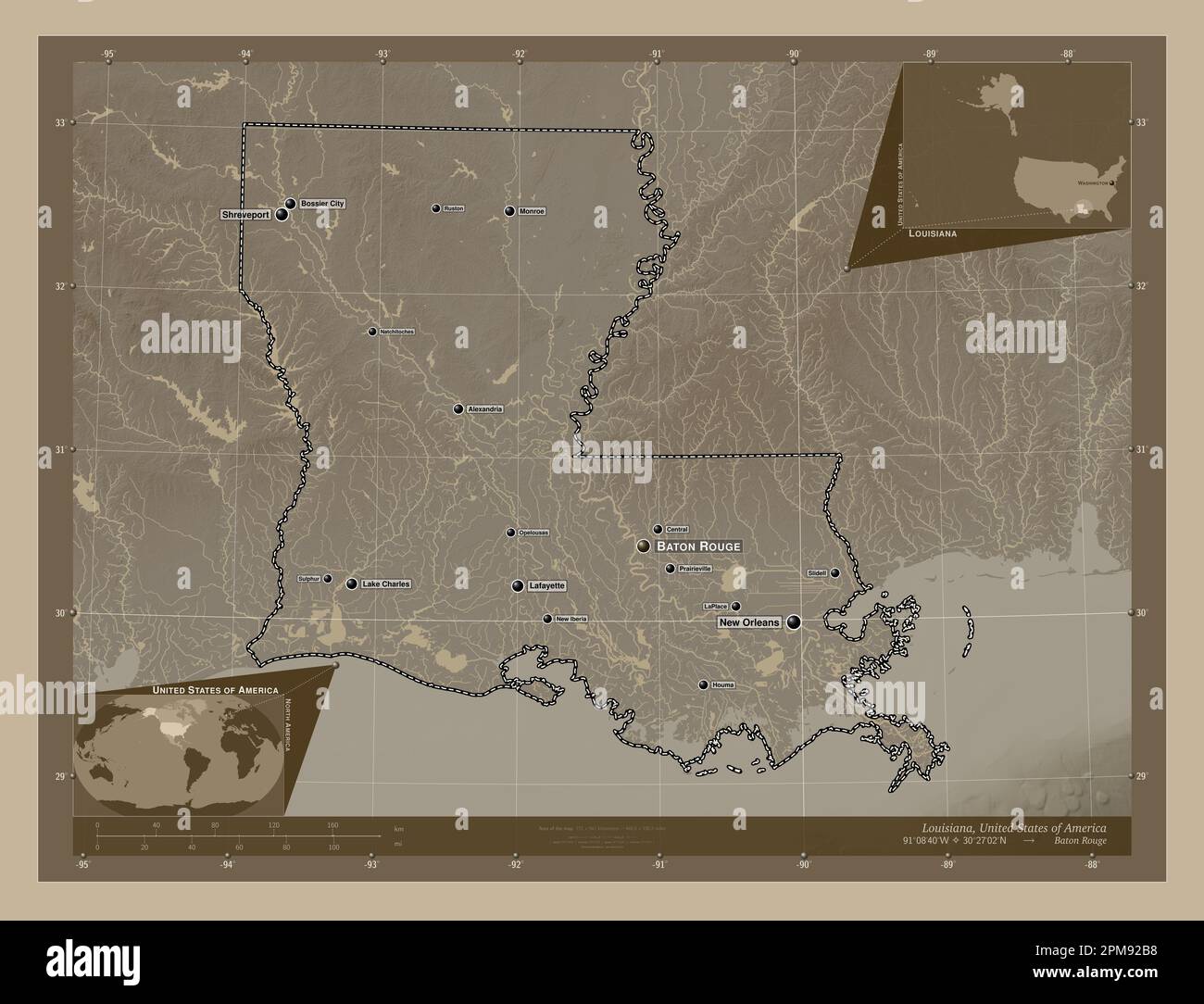 Louisiana, state of United States of America. Elevation map colored in sepia tones with lakes and rivers. Locations and names of major cities of the r Stock Photo
