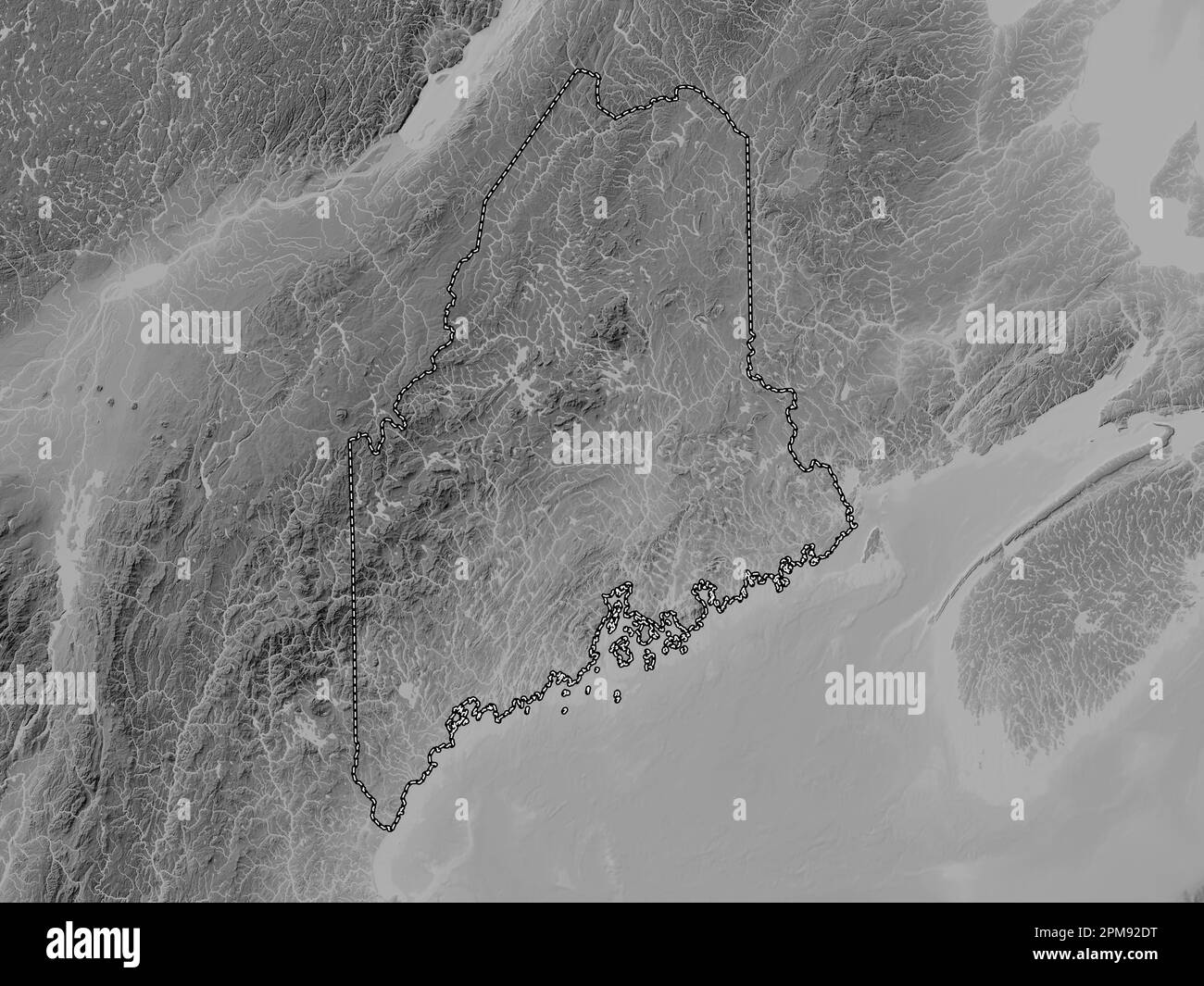 Maine, state of United States of America. Grayscale elevation map with lakes and rivers Stock Photo